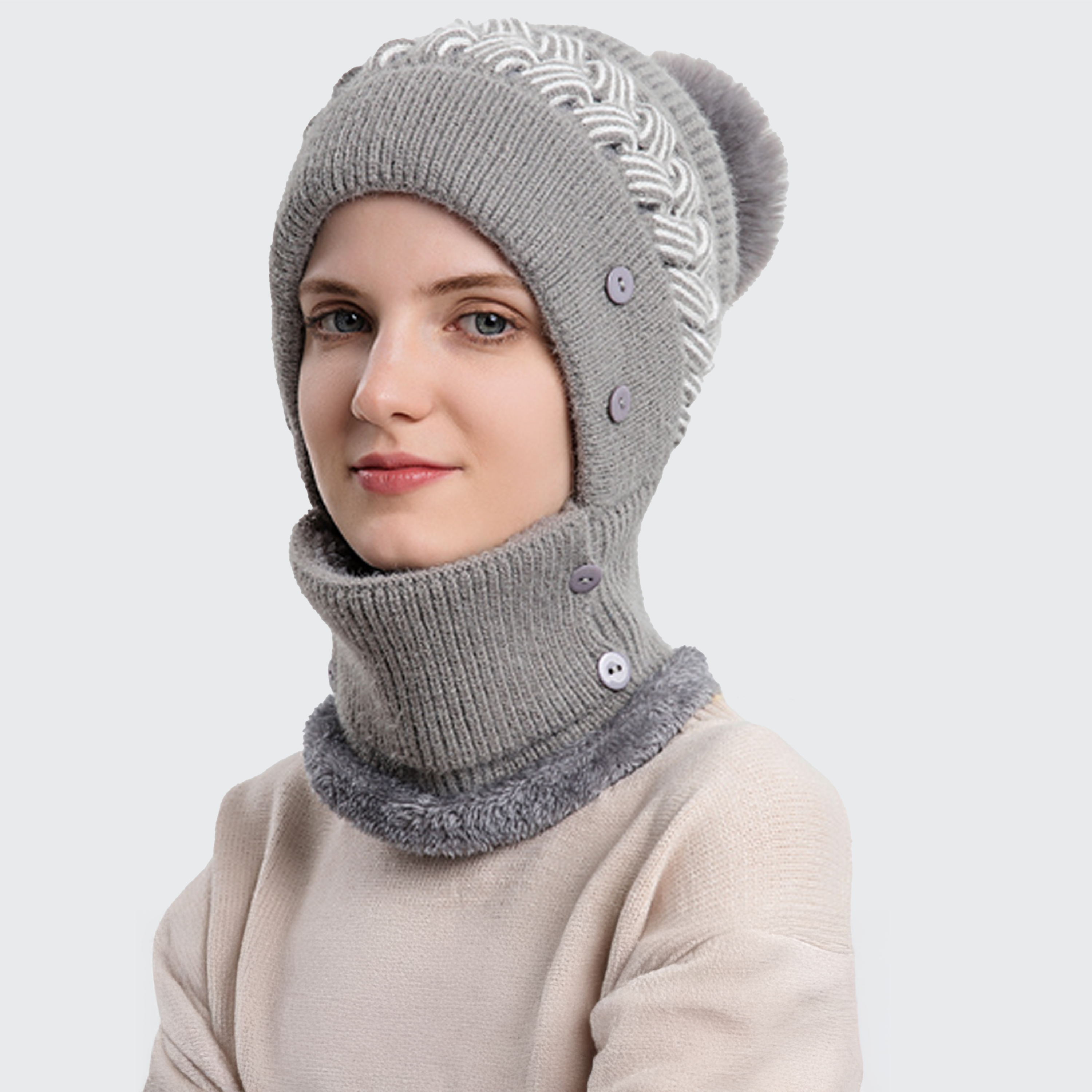 レディース 保温ニット帽 2in1 ネックウォーマー フェイスマスク付き ブレイドデザイン ポンポン 暖かい 防寒 軽量 柔らかい