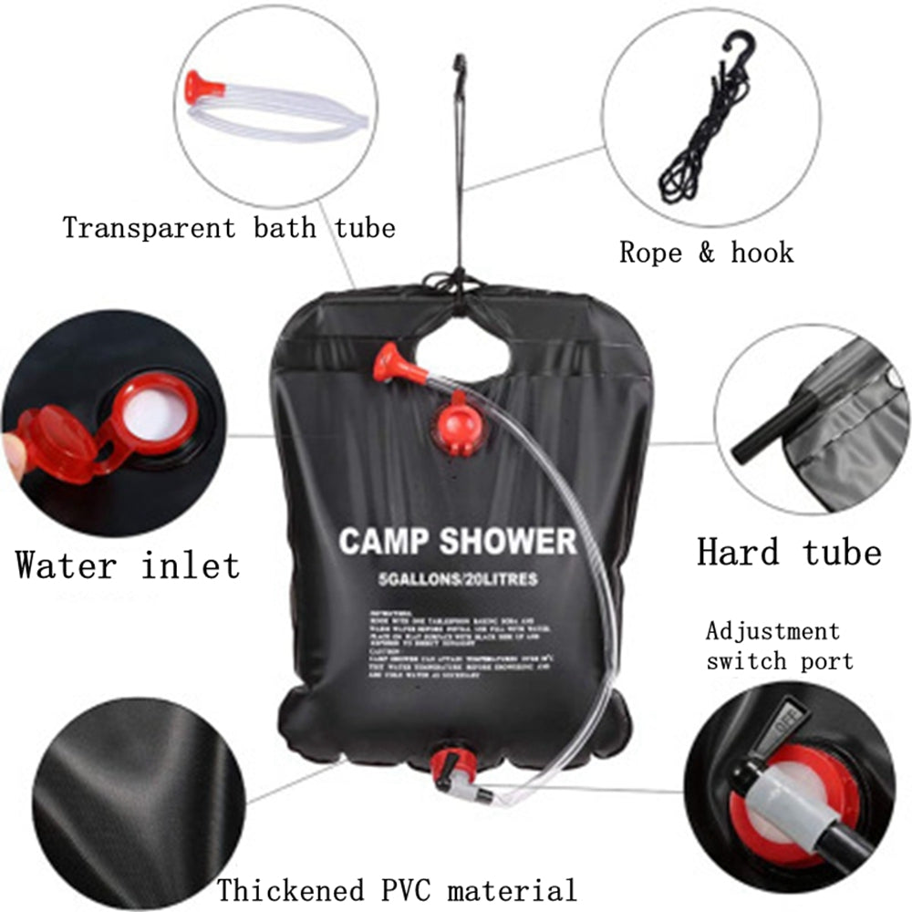 ShowerBag 20L ソーラーパワー温かいシャワー アウトドア用 ポータブル シャワーバッグ オンオフ機能付き 家族向け キャンプシーンで
