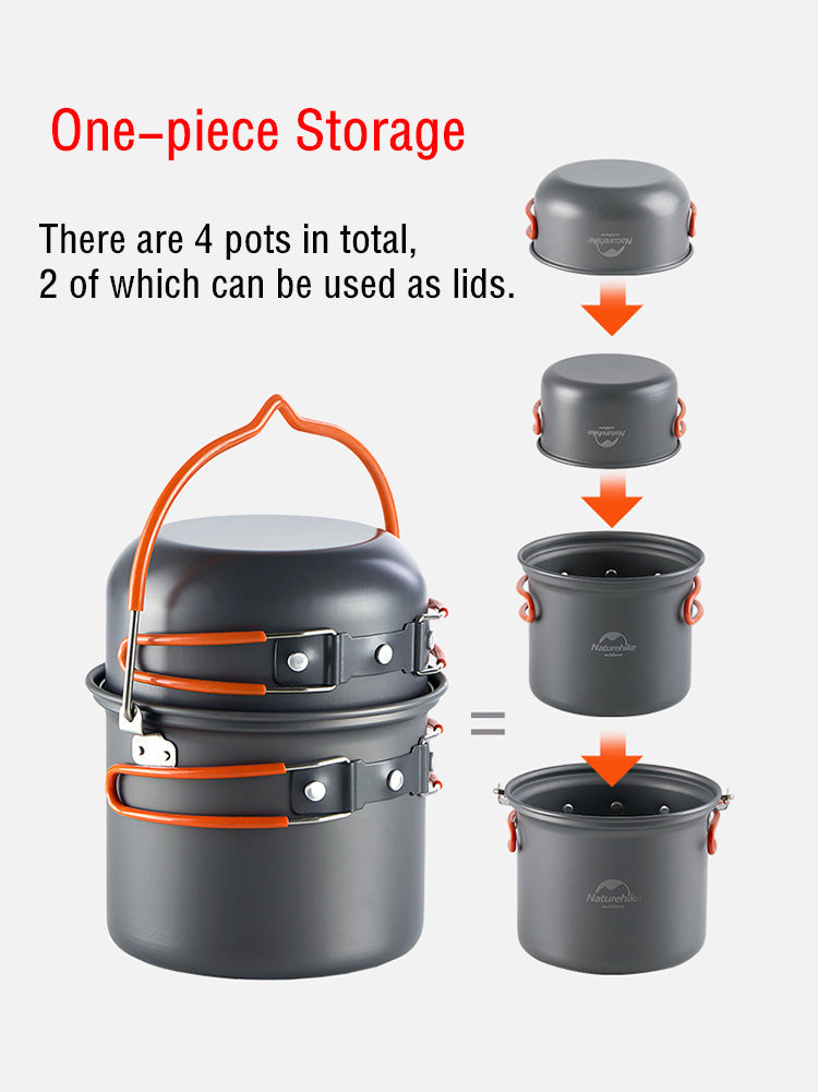 PotSet 4in1 アウトドア 超軽量アルミ ノンスティック 調理セット 旅人向け バックパッカー必携 コンパクト収納