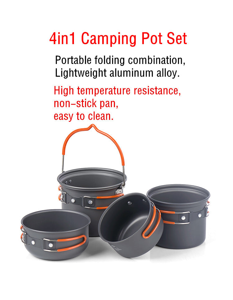 PotSet 4in1 アウトドア 超軽量アルミ ノンスティック 調理セット 旅人向け バックパッカー必携 コンパクト収納
