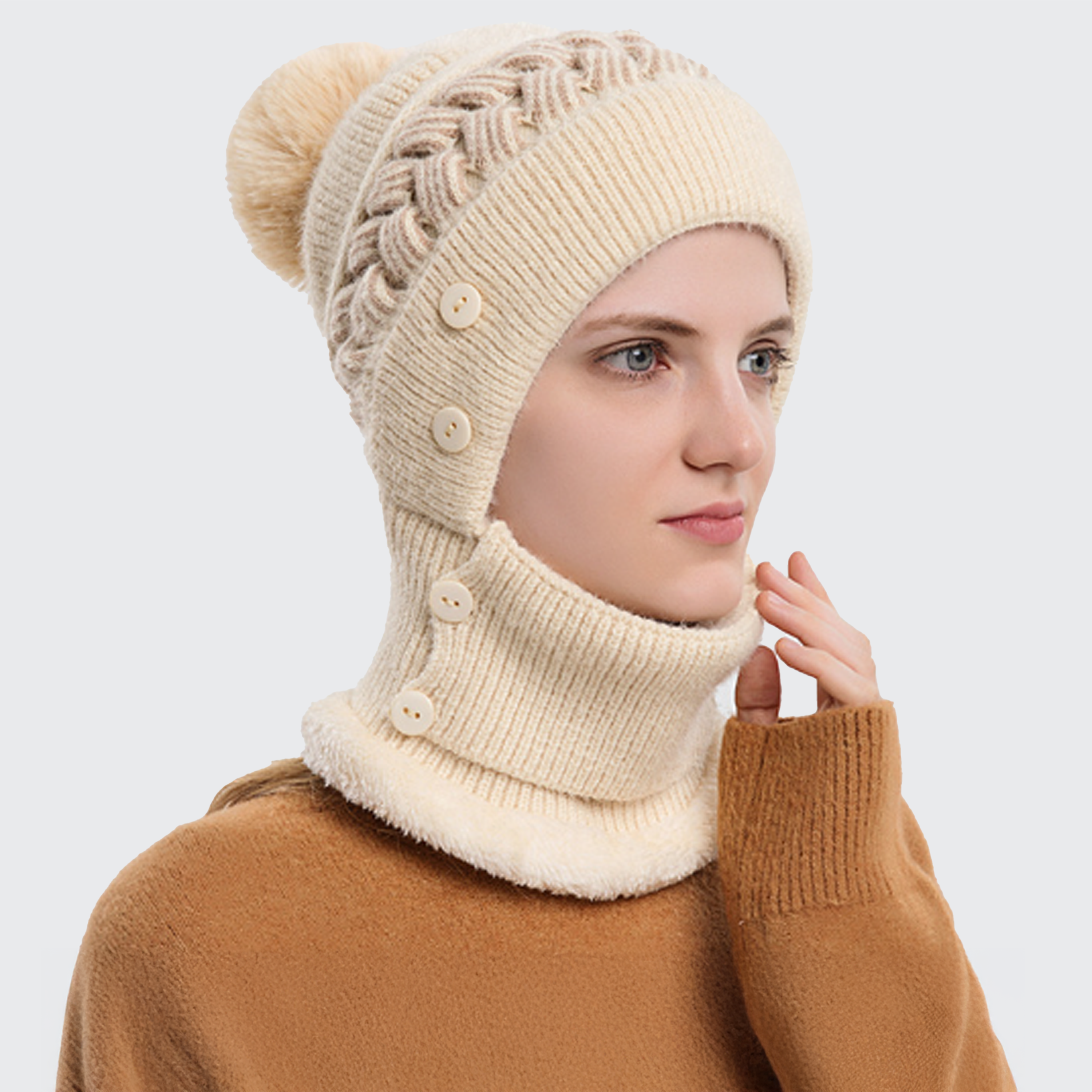 レディース 保温ニット帽 2in1 ネックウォーマー フェイスマスク付き ブレイドデザイン ポンポン 暖かい 防寒 軽量 柔らかい