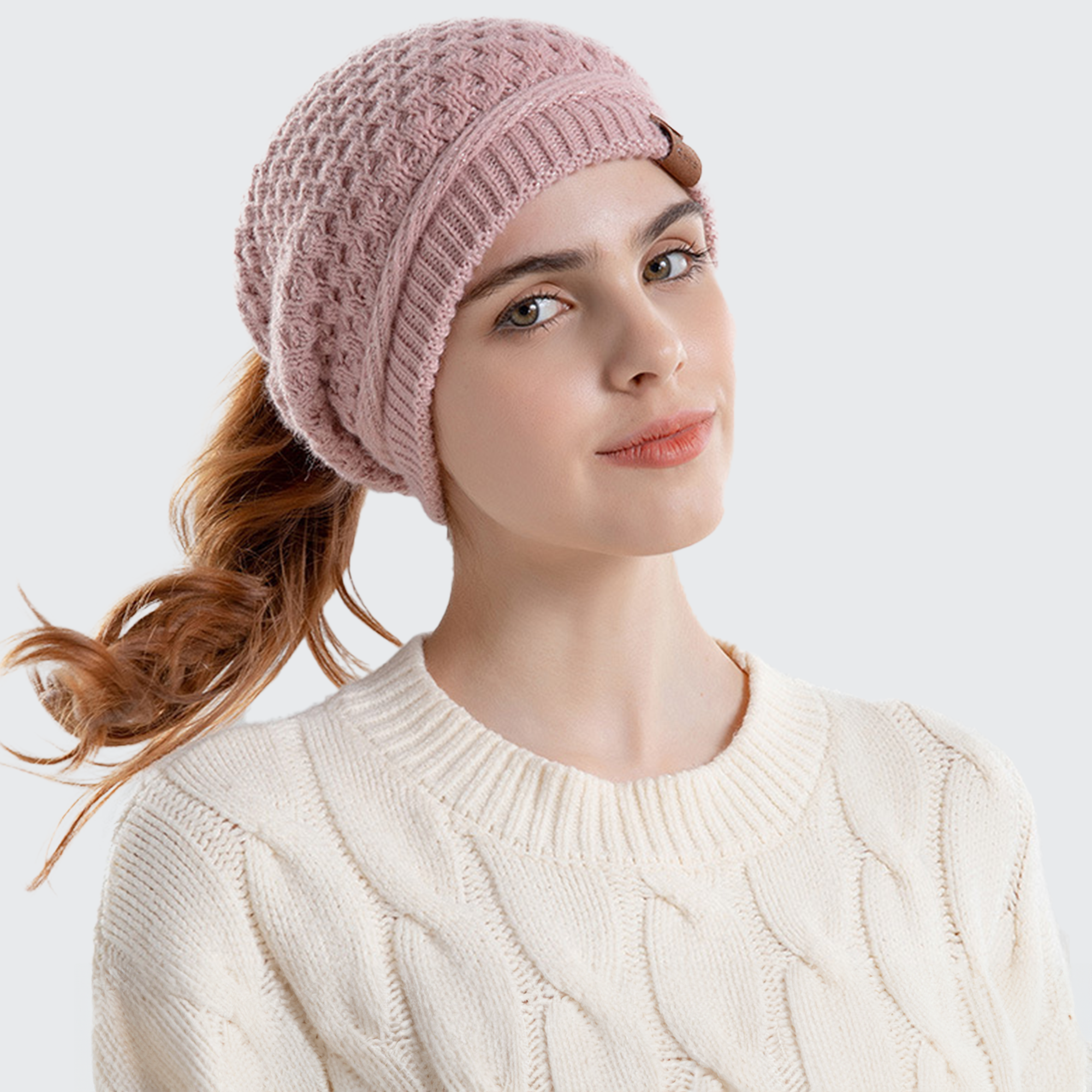 Women's Hairstyle Beanie Hat ポニーテール開口で髪形崩れなし 防寒 耳あて付き おしゃれな冬の暖かさ