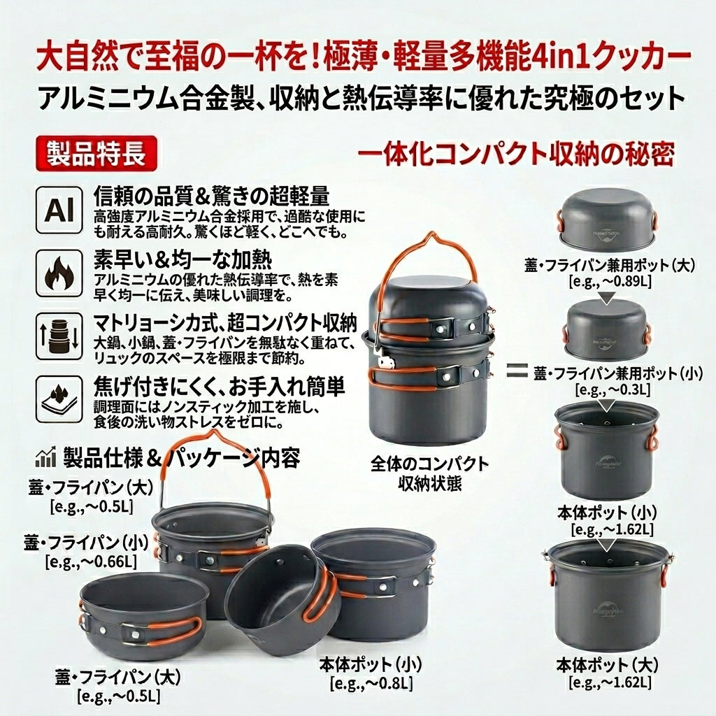 【リュックの隙間に美しく収まる極小軽量設計】Sakamping 4in1 クッカーセット | 超軽量アルミ・ノンスティック加工・スタッキング収納 | 本格登山・バックパッカー・ソロキャンプ | 1年保証付