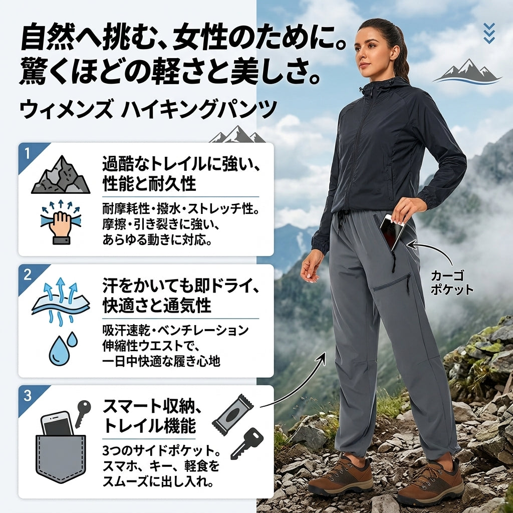 【水滴を弾く圧倒的撥水力と蒸れ知らずの高透湿・険しいトレイルでも傷つかない高耐久トレッキングシェル】Sakamping ウィメンズ ハイキング パンツ (レディース 完全防水防風ストレッチトレッキングパンツ) | 撥水加工・高透湿・高耐久リップストップ・4WAYストレッチ・美シルエット・立体裁断 | 釣り・夏キャンプ・本格登山・ハイキング・ロングトレイル | 1年保証付