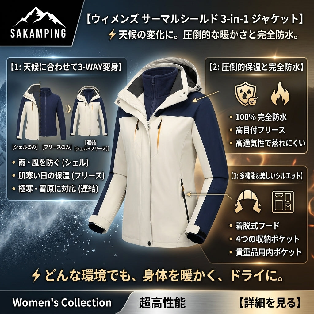 【激しい暴風雨から極寒の雪山まで1着で完全対応・3通りの着こなしで通年着回せる最強全天候型アウター】Sakamping ウィメンズ サーマル シールド 3in1 ジャケット (レディース 完全防水防寒マウンテンパーカー 3WAY仕様) | 耐水圧20,000mm・完全防水シームテープ・高保温着脱フリースインナー・着脱可能フード・高透湿・Wファスナー | 冬山登山・雪山トレッキング・冬釣り・極寒キャンプ・街着・通勤 | 1年保証付