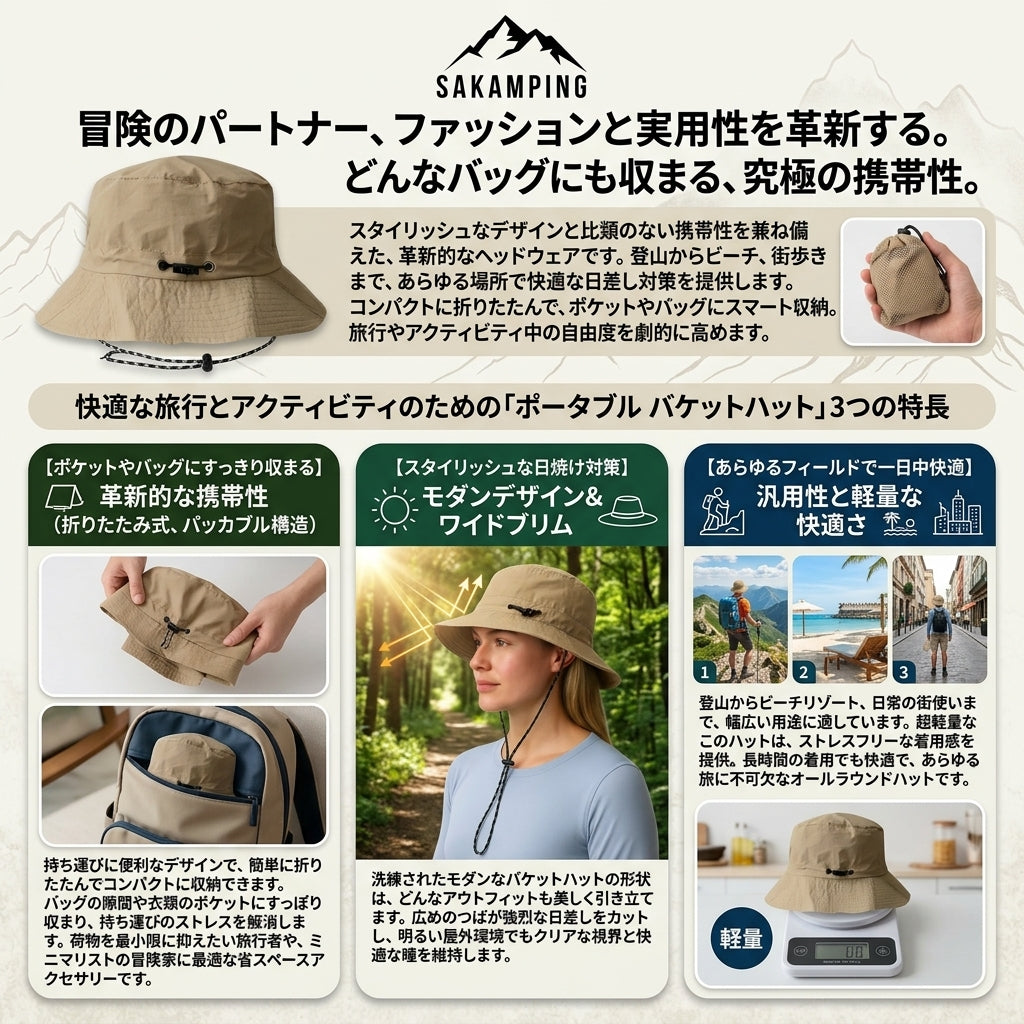 【折りたたんでコンパクトに持ち運べる・日差しを遮りかぶっていることを忘れるほどの極上の軽やかさ】Sakamping ポータブル バケットハット (パッカブルハット) | パッカブル・超軽量・スタイリッシュ設計・UVカット | 釣り・キャンプ・ハイキング・旅行・フェス | 1年保証付