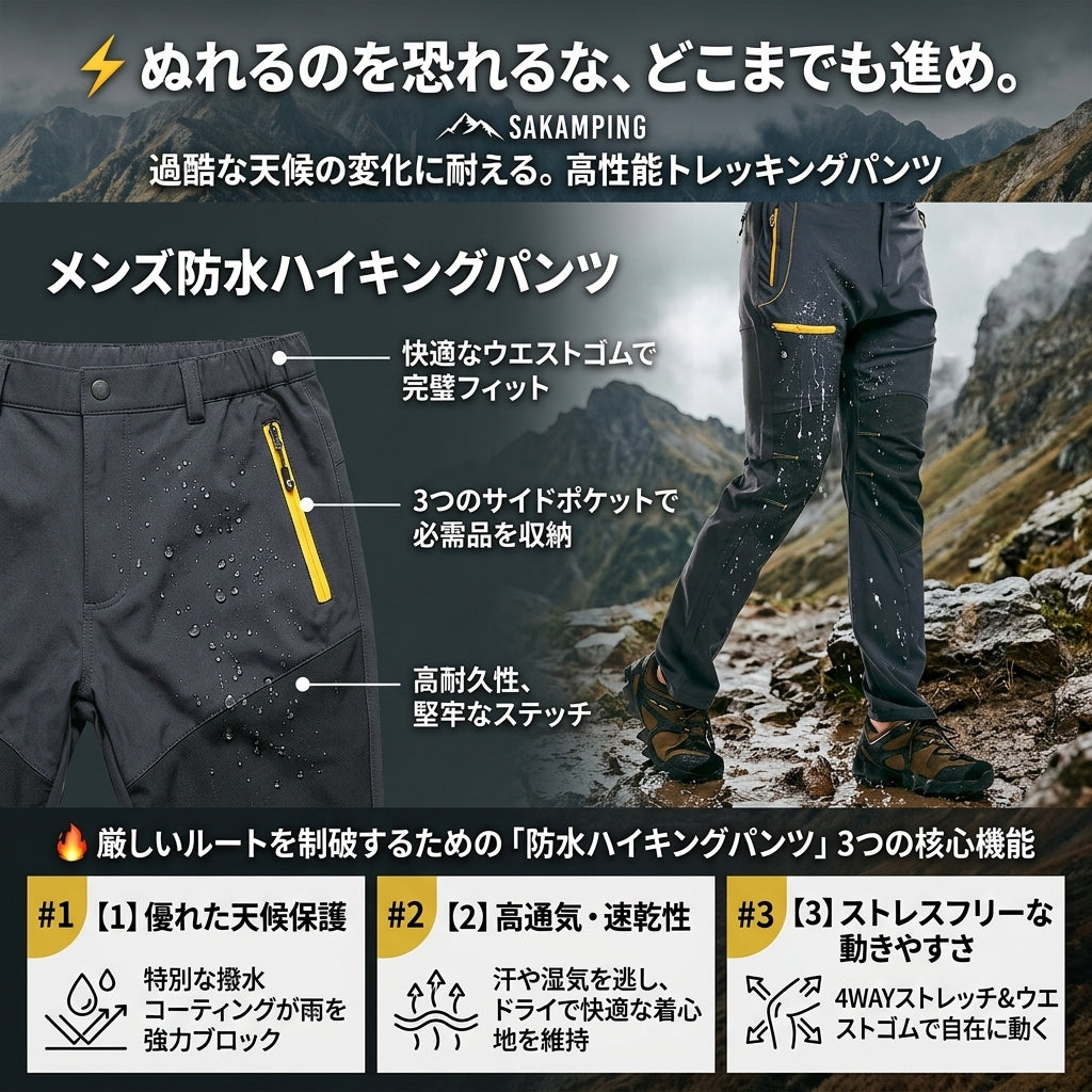 【激しい雨や泥跳ねを弾く圧倒的な高撥水性・岩場でも傷つかない高耐久リップストップと蒸れを逃す快適ストレッチ】Sakamping メンズ ウォータープルーフ ハイキング パンツ (高耐久撥水透湿ストレッチトレッキングパンツ) | 耐摩耗リップストップ・高撥水加工・4WAY伸縮・高透湿速乾・多機能ジップポケット・立体裁断 | 夏山登山・トレッキング・雨天釣り・ソロキャンプ・本格アウトドア | 1年保証付