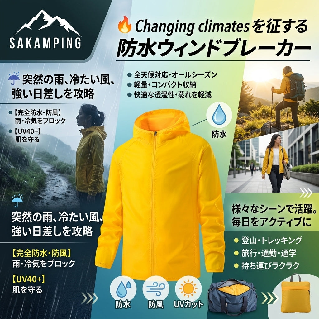 【急な雨や強い紫外線を完全ブロック・羽織っていることを忘れる軽量性と洗練シルエットで全天候カバー】Sakamping ウィメンズ ウォータープルーフ ウィンドブレイカー (レディース 軽量完全防水UVカットマウンテンパーカー) | 耐水圧15,000mm・UVカット UPF40+・高透湿・ドローコード調整フード・パッカブル仕様・超軽量 | 釣り・湖畔キャンプ・登山・ランニング・通勤・旅行 | 1年保証付