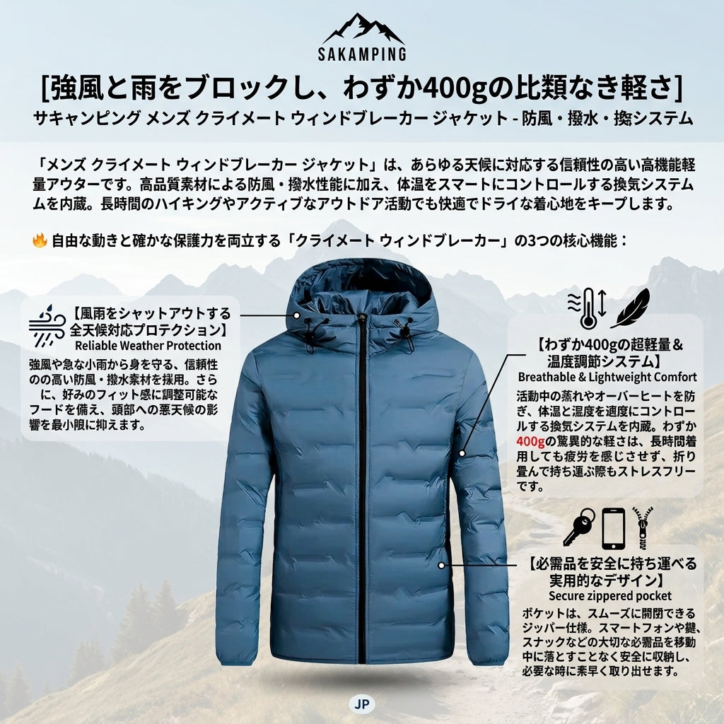 【突発的な強風と雨をシャットアウト・寒風を防ぎ蒸れを瞬時に逃がす全天候対応スペック】Sakamping メンズ クライメート ウィンドブレイカー ジャケット (ウインドブレーカー) | 撥水・高透湿・調整可能フード・軽量設計 | 春秋の釣り・登山・キャンプ・防風街着 | 1年保証付