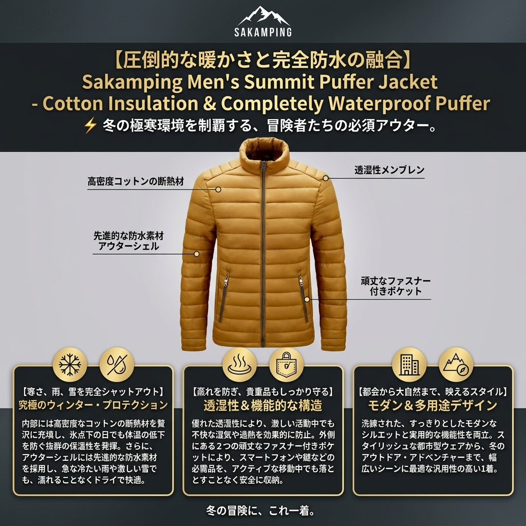 【過酷な白銀の世界を制覇・氷点下でも暖かい圧倒的保温力とスマートに魅せる現代的デザイン】Sakamping メンズ サミット パファー ジャケット (ダウンジャケット) | 完全防水・極上保温・高透湿・モダンダウン設計 | 冬の登山・極寒釣り・防寒街着 | 1年保証付