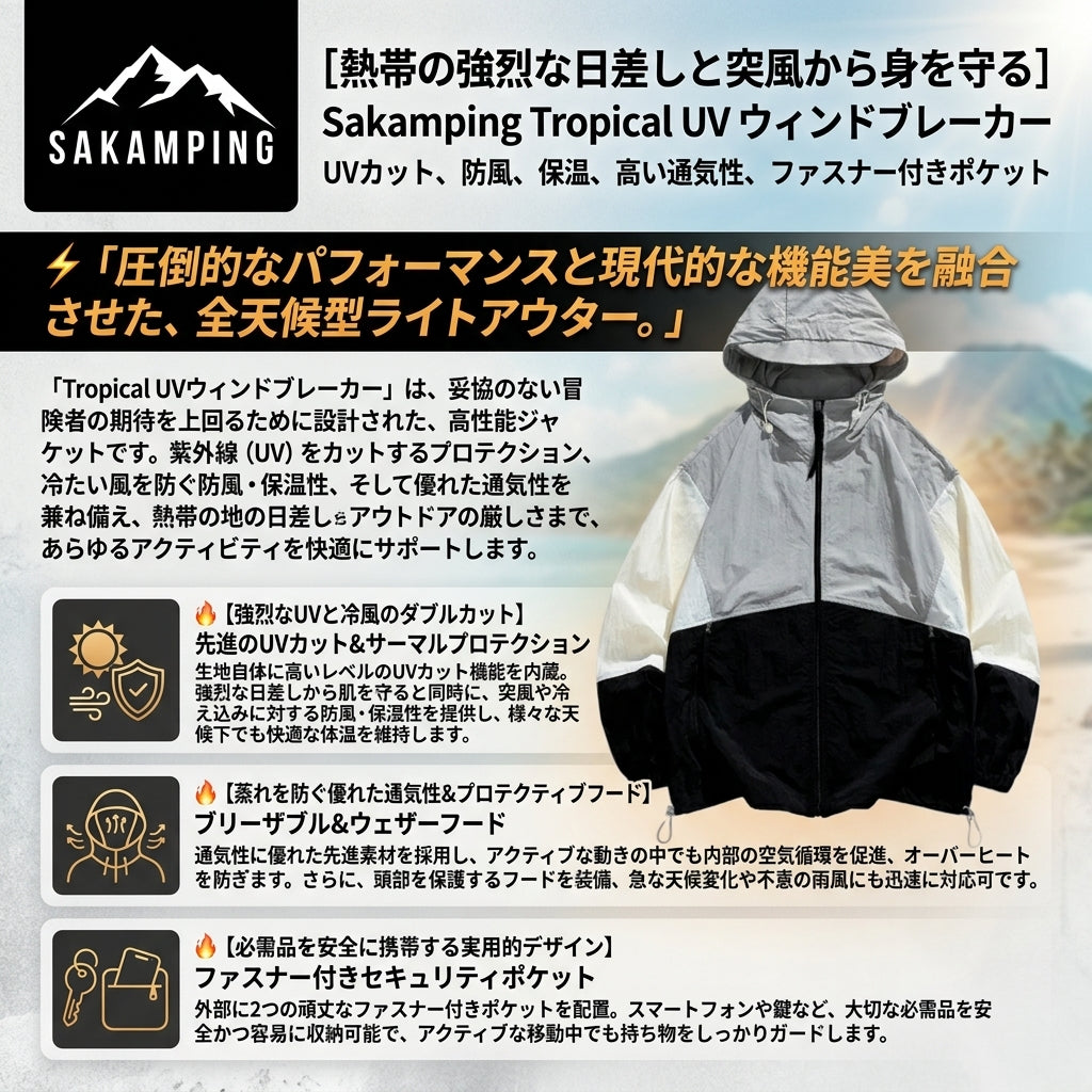 【南国の強烈な日差しと蒸し暑さを吹き飛ばす・紫外線UVカットと蒸れを防ぐ極薄軽量シェル】Sakamping トロピカル UV ウィンドブレイカー (ウインドブレーカー) | UVカット・高通気・フード付き・ファスナー付きポケット | 釣り・夏キャンプ・マリンスポーツ・アウトドア | 1年保証付