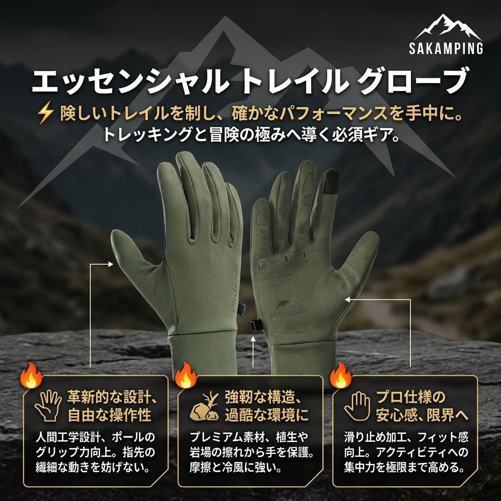 【岩場や草木の手ごわい擦れから手を完全保護・濡れても滑らない驚異のグリップ力と素手感覚の操作性】Sakamping エッセンシャル トレイル グローブ (高耐久多機能トレッキンググローブ) | 高耐久耐摩耗レザー・滑り止めシリコングリップ・タッチパネル対応・吸汗速乾・衝撃吸収パッド・調整ベルクロ | 登山・トレッキング・夏釣り・ソロキャンプ・バイク・アウトドア全般 | 1年保証付