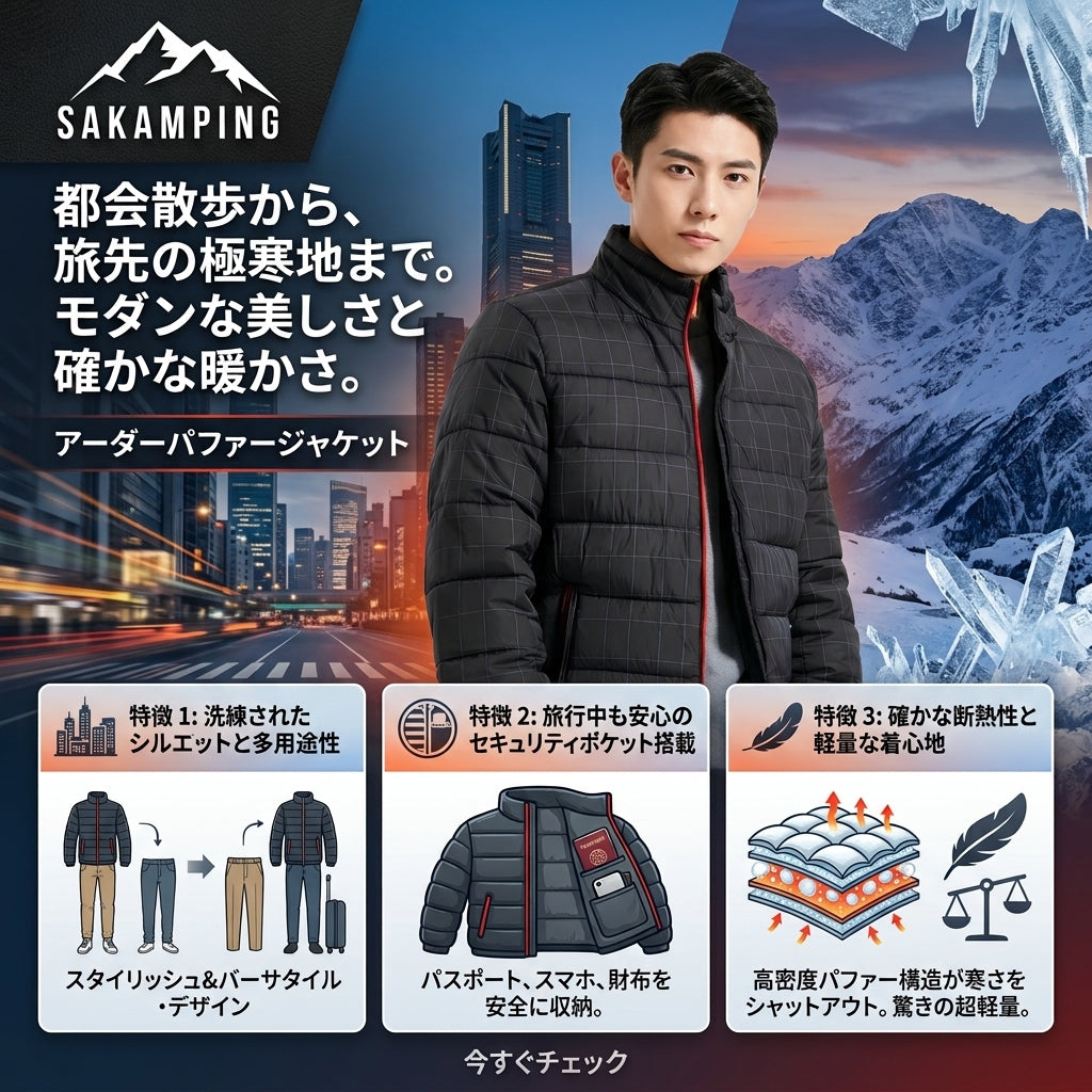 【着膨れゼロのスマートシルエット・驚くほどの軽さと包み込まれる暖かさで街着から旅先まで快適】Sakamping アーダー パファー ジャケット (オールラウンド 高機能軽量保温ダウンジャケット) | 超軽量・高密度防風シェル・撥水加工・高保湿パディング・パッカブル仕様・立体裁断 | 街着・旅行・通勤・ドライブ・秋冬キャンプ・タウンユース | 1年保証付