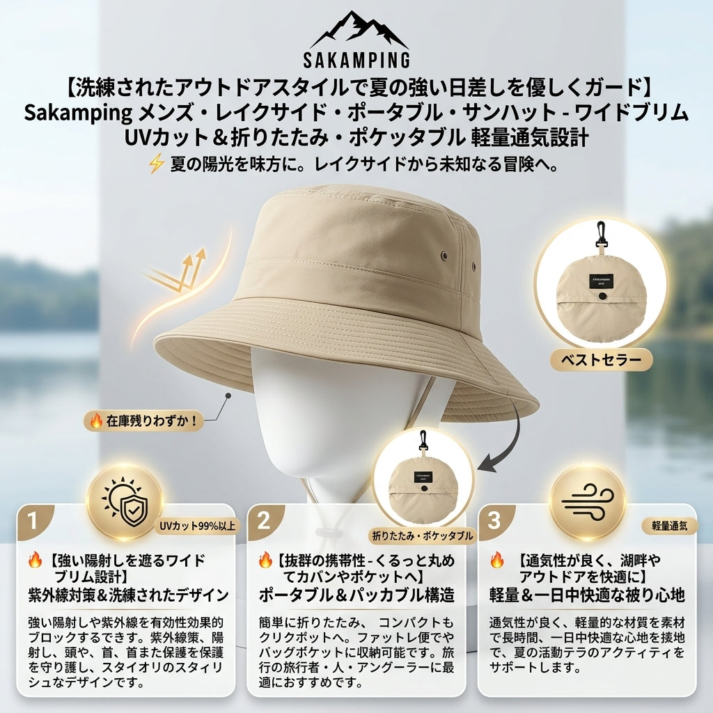 【頭部の蒸れを逃し強烈な直射日光を遮断・鞄に入れても型崩れしない持ち運び自由自在な極上日よけハット】Sakamping メンズ レイクサイド ポータブル サンハット (UVカット サファリハット) | UV50+・高通気・パッカブル・軽量設計 | 湖畔釣り・キャンプ・ハイキング・アウトドア・フェス | 1年保証付