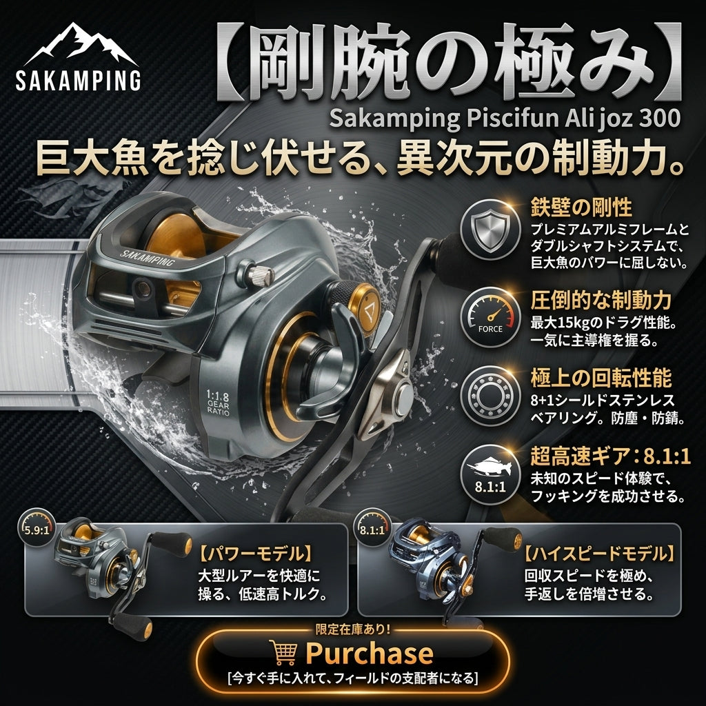 【ビッグベイト専用】Sakamping Piscifun Alijoz 300 | 8.1:1超高速ギア・最大ドラグ15kg | 超剛性アルミボディ・ソルト対応 | 怪魚・雷魚・大型シーバス対応 | 安心の1年保証付