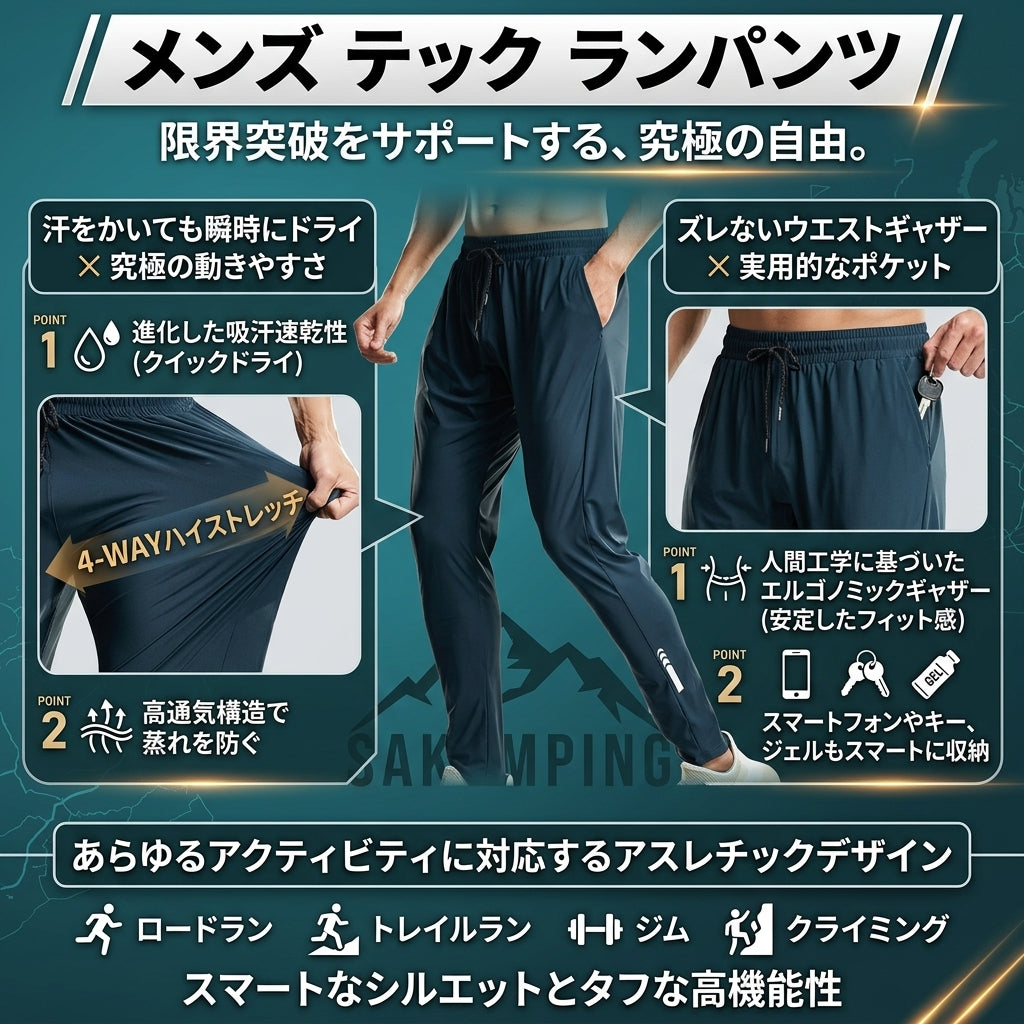 【脚の動きを邪魔しない圧倒的ダイナミクス・汗をかいても即乾く涼感ドライと洗練テーパード】Sakamping メンズ テック ラン パンツ (高機能軽量速乾ストレッチランニングパンツ) | 4WAY高伸縮・吸汗速乾・高通気 mesh・止水ファスナーポケット・立体裁断・リフレクター反射材 | ランニング・ジム・トレーニング・夏釣り・タウンユース | 1年保証付