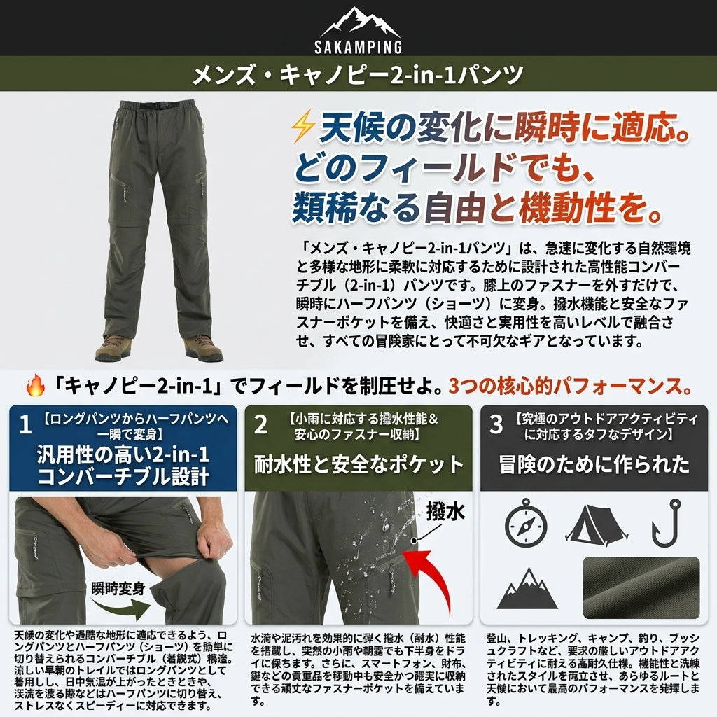 【猛暑も悪天候も1本で完全攻略・膝下を外せばショーツへ瞬時に変形する究極の機能派ウェア】Sakamping メンズ キャノピー 2in1 2WAY コンバーチブルパンツ | 撥水加工・速乾・ファスナー付きポケット・軽量耐摩耗 | 釣り・夏キャンプ・ハイキング・トレッキング | 1年保証付