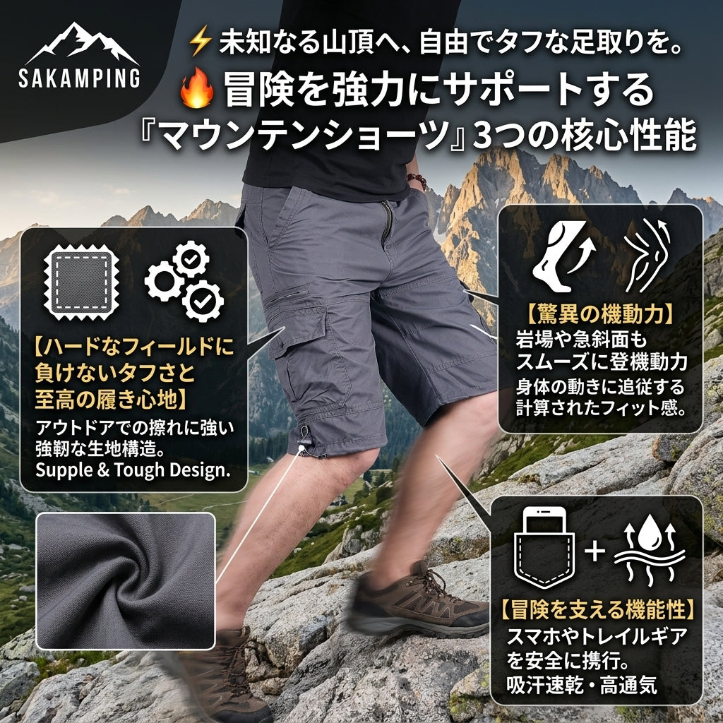 【険しい岩場や藪こぎでも傷つかない驚異の耐摩耗性・汗をかいても即乾く涼感ストレッチと洗練ショート丈】Sakamping メンズ マウンテン ショーツ (高耐久撥水ストレッチマウンテンハーフパンツ) | 耐摩擦リップストップ・撥水加工・4WAY高伸縮・高通気速乾・多機能ギアポケット・立体裁断 | 夏山登山・夏釣り・川遊び・ソロキャンプ・フェス・タウンユース | 1年保証付