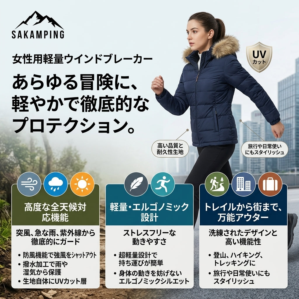 【紫外線と雨風から美しく身体を守る・羽のように軽い着心地と街でも映える洗練シルエット】Sakamping ウィメンズ ライトウェイト ウィンドブレイカー (レディース 軽量ウインドブレーカー) | 完全防水・UVカット・超軽量・高透湿・美シルエット | 釣り・夏キャンプ・登山・ランニング・防風街着 | 1年保証付