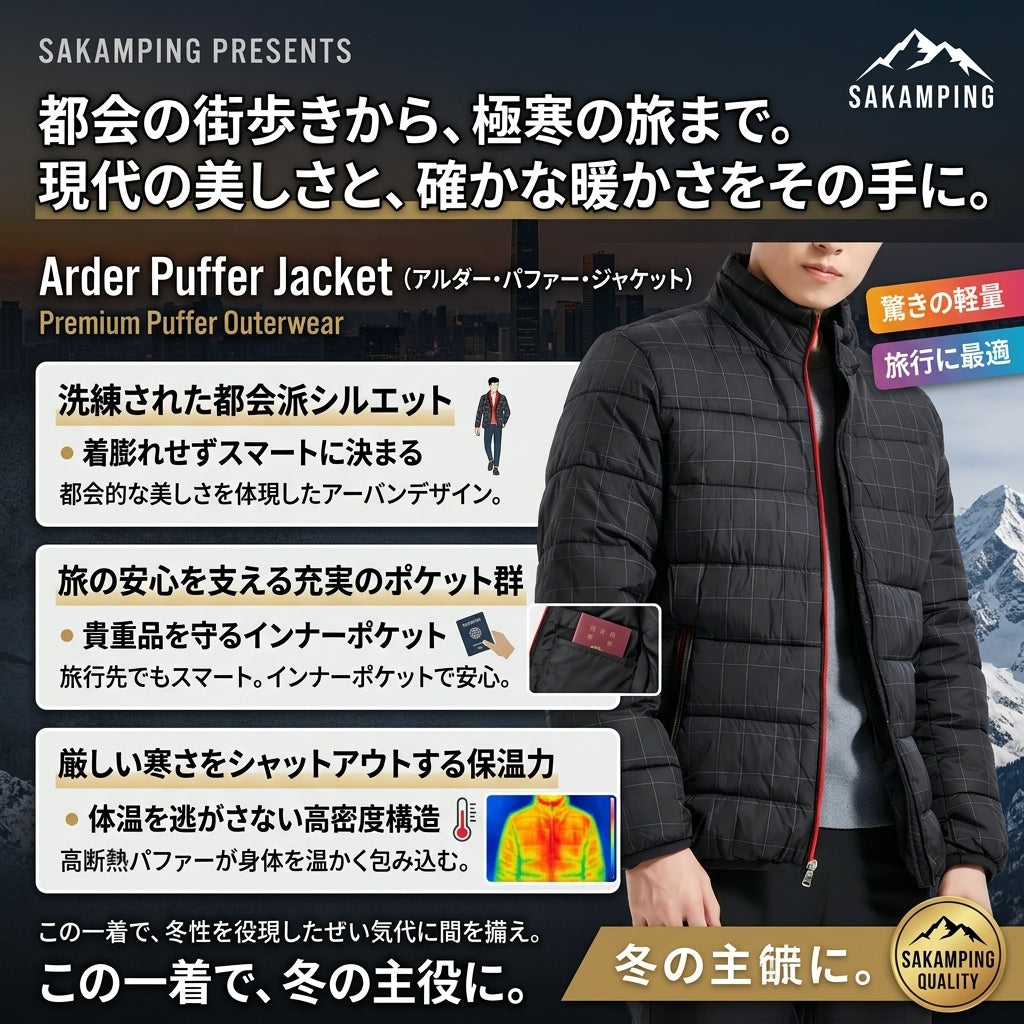 【着膨れゼロのスマートシルエット・驚くほどの軽さと包み込まれる暖かさで街着から旅先まで快適】Sakamping アーダー パファー ジャケット (オールラウンド 高機能軽量保温ダウンジャケット) | 超軽量・高密度防風シェル・撥水加工・高保湿パディング・パッカブル仕様・立体裁断 | 街着・旅行・通勤・ドライブ・秋冬キャンプ・タウンユース | 1年保証付