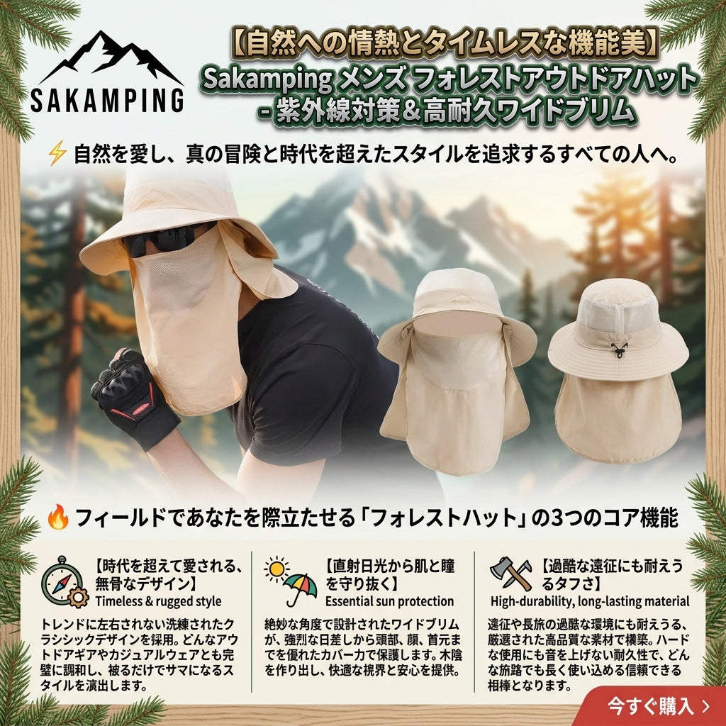 【伝統のクラシックスタイルと現代の耐久性が融合・強烈な日差しから頭部を守り抜く本格ハット】Sakamping メンズ フォレスト アウトドアハット | クラシックデザイン・高耐久・UVカットサンプロテクション | 釣り・キャンプ・ハイキング | 1年保証付