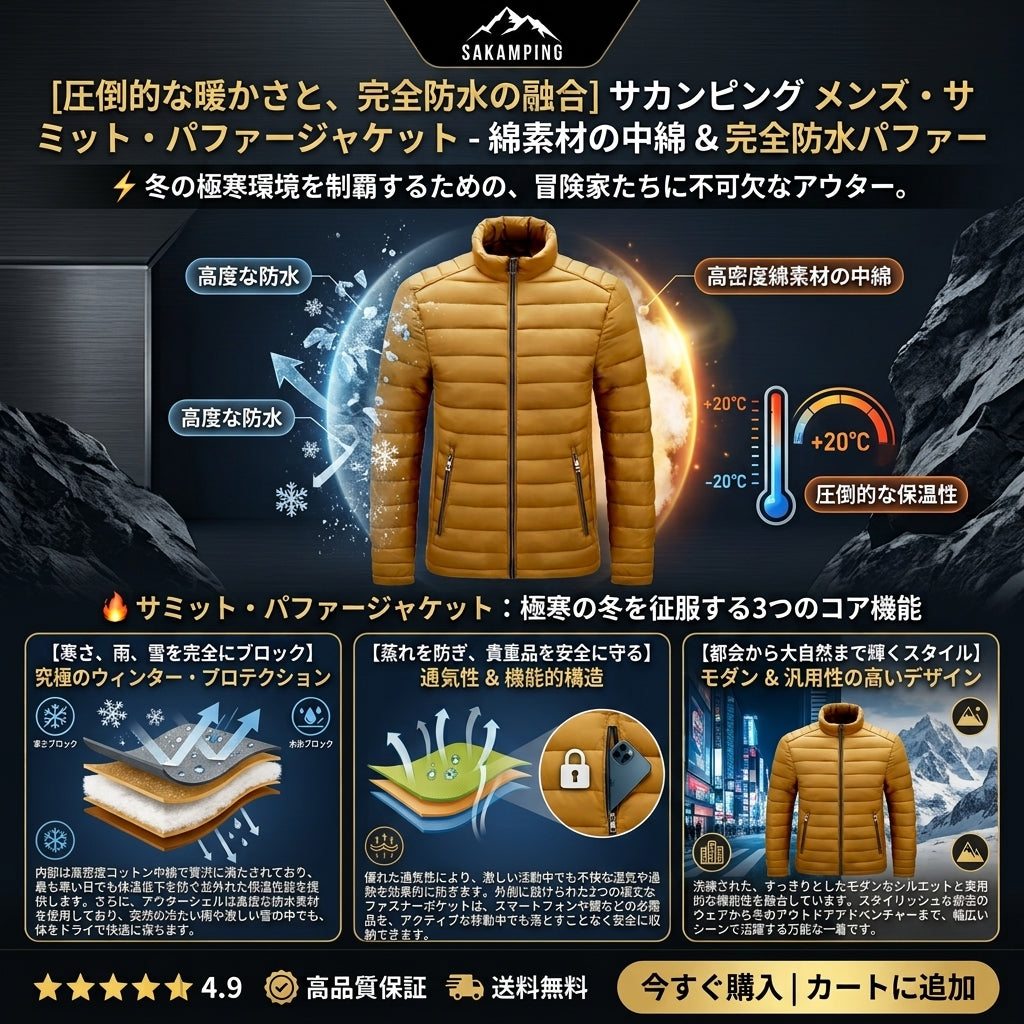 【過酷な白銀の世界を制覇・氷点下でも暖かい圧倒的保温力とスマートに魅せる現代的デザイン】Sakamping メンズ サミット パファー ジャケット (ダウンジャケット) | 完全防水・極上保温・高透湿・モダンダウン設計 | 冬の登山・極寒釣り・防寒街着 | 1年保証付