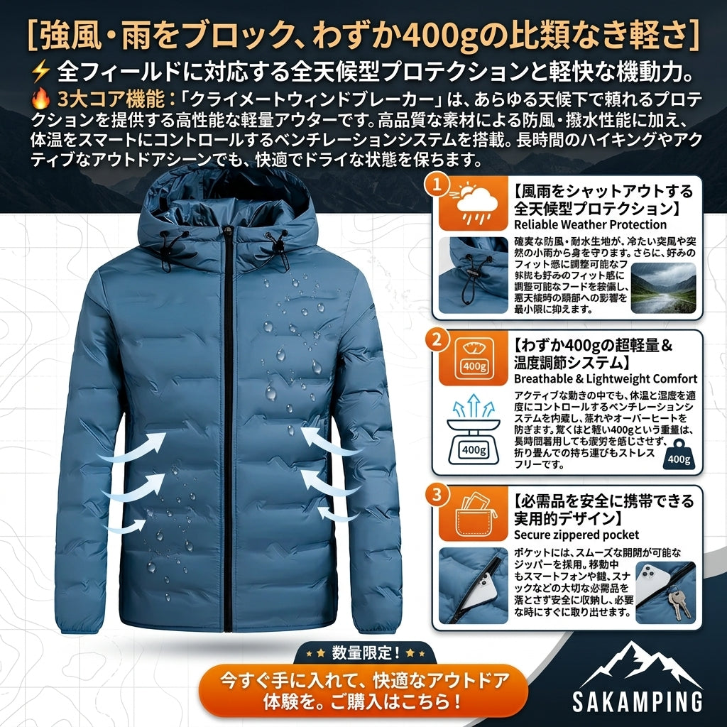 【突発的な強風と雨をシャットアウト・寒風を防ぎ蒸れを瞬時に逃がす全天候対応スペック】Sakamping メンズ クライメート ウィンドブレイカー ジャケット (ウインドブレーカー) | 撥水・高透湿・調整可能フード・軽量設計 | 春秋の釣り・登山・キャンプ・防風街着 | 1年保証付