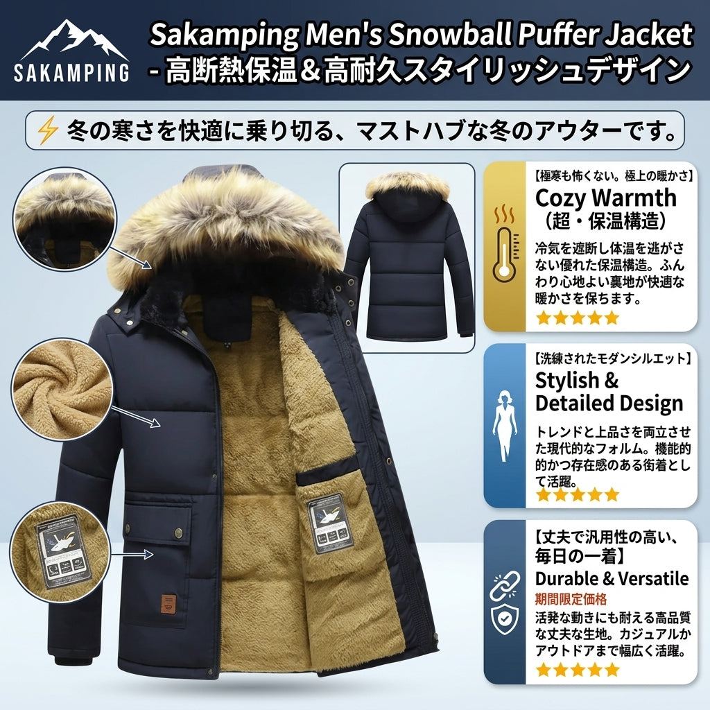 【雪の日の極寒もふんわり包み込む圧倒的暖かさ・雪風を遮り街でも映える洗練スタイリッシュ】Sakamping メンズ スノーボール パファー ジャケット (防寒中綿ジャケット / 軽量ダウン風コート) | 極暖保温・防風撥水・極上クッション・軽量設計 | 冬の釣り・雪山キャンプ・防寒街着 | 1年保証付