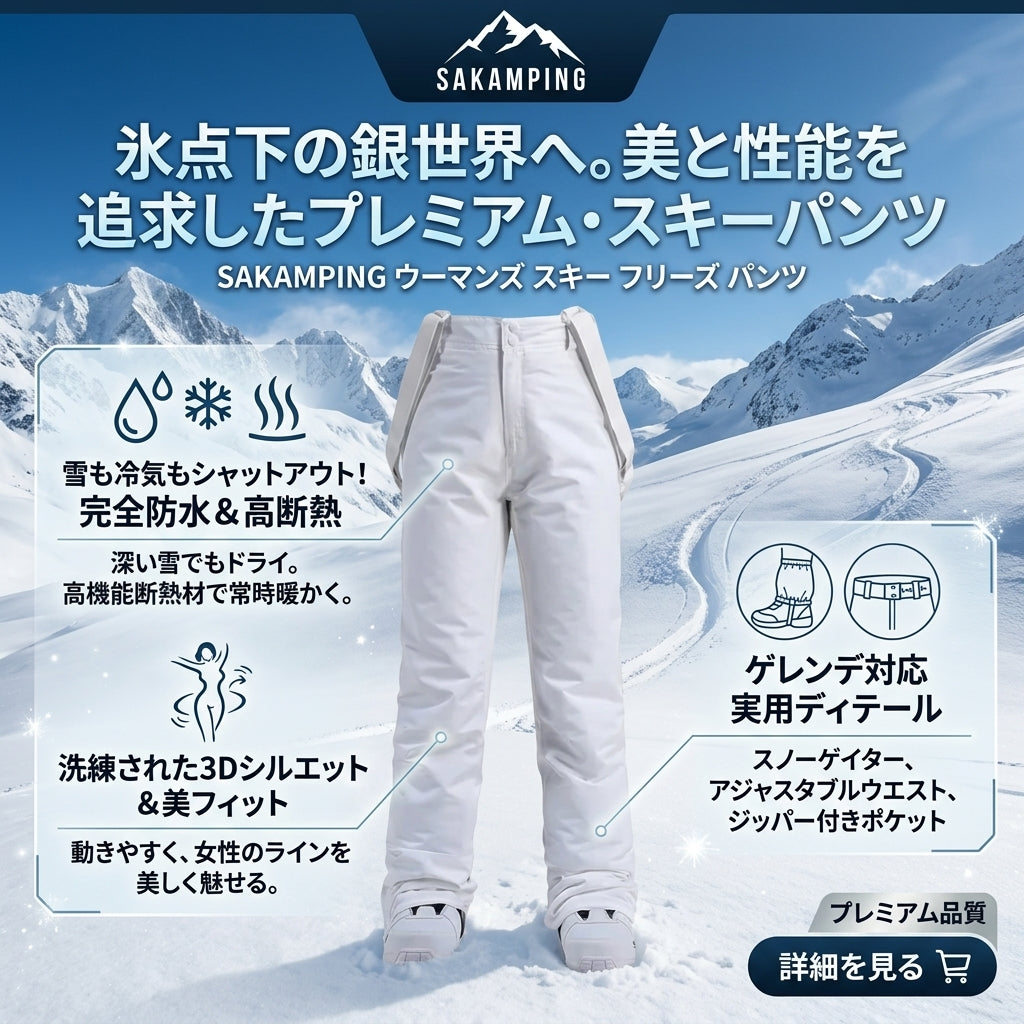 【極寒のゲレンデ・激しい吹雪でも浸み込まない完全防水と足長美シルエット・動きやすさを極めた高機能スノーパンツ】Sakamping ウィメンズ スキー フリーズ パンツ (レディース 完全防水防寒ストレッチスキーパンツ) | 耐水圧20,000mm・完全防水シームテープ・高保温軽量中綿・4WAYストレッチ・雪の侵入を防ぐインナーゲイター・立体裁断・エッジガード | スキー・スノーボード・冬山登山・極寒キャンプ・雪かき | 1年保証付