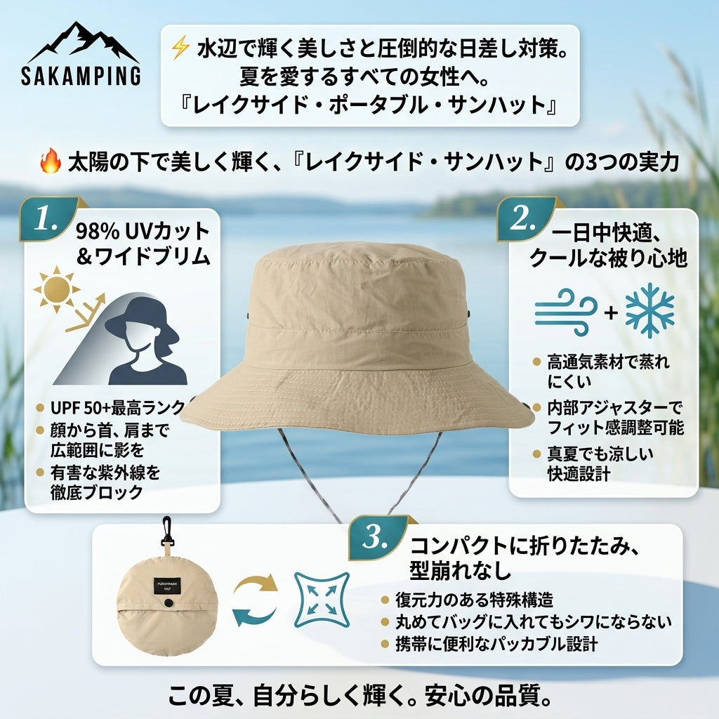 【顔周りから首元まで日焼けを絶対防ぐ・風に飛ばされず折りたたんで持ち運べる洗練レジャーハット】Sakamping ウィメンズ レイクサイド ポータブル サンハット (レディース ポータブル UVカット サンハット) | UVカット UPF50+・つば広・高通気・折りたたみ可能・あご紐付き・風対策 | 釣り・湖畔キャンプ・ガーデニング・ビーチ・旅行・フェス | 1年保証付