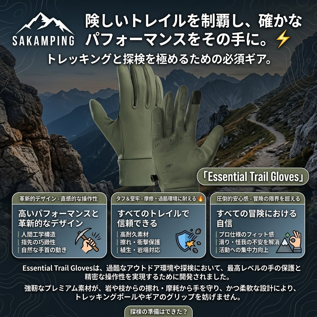 【岩場や草木の手ごわい擦れから手を完全保護・濡れても滑らない驚異のグリップ力と素手感覚の操作性】Sakamping エッセンシャル トレイル グローブ (高耐久多機能トレッキンググローブ) | 高耐久耐摩耗レザー・滑り止めシリコングリップ・タッチパネル対応・吸汗速乾・衝撃吸収パッド・調整ベルクロ | 登山・トレッキング・夏釣り・ソロキャンプ・バイク・アウトドア全般 | 1年保証付