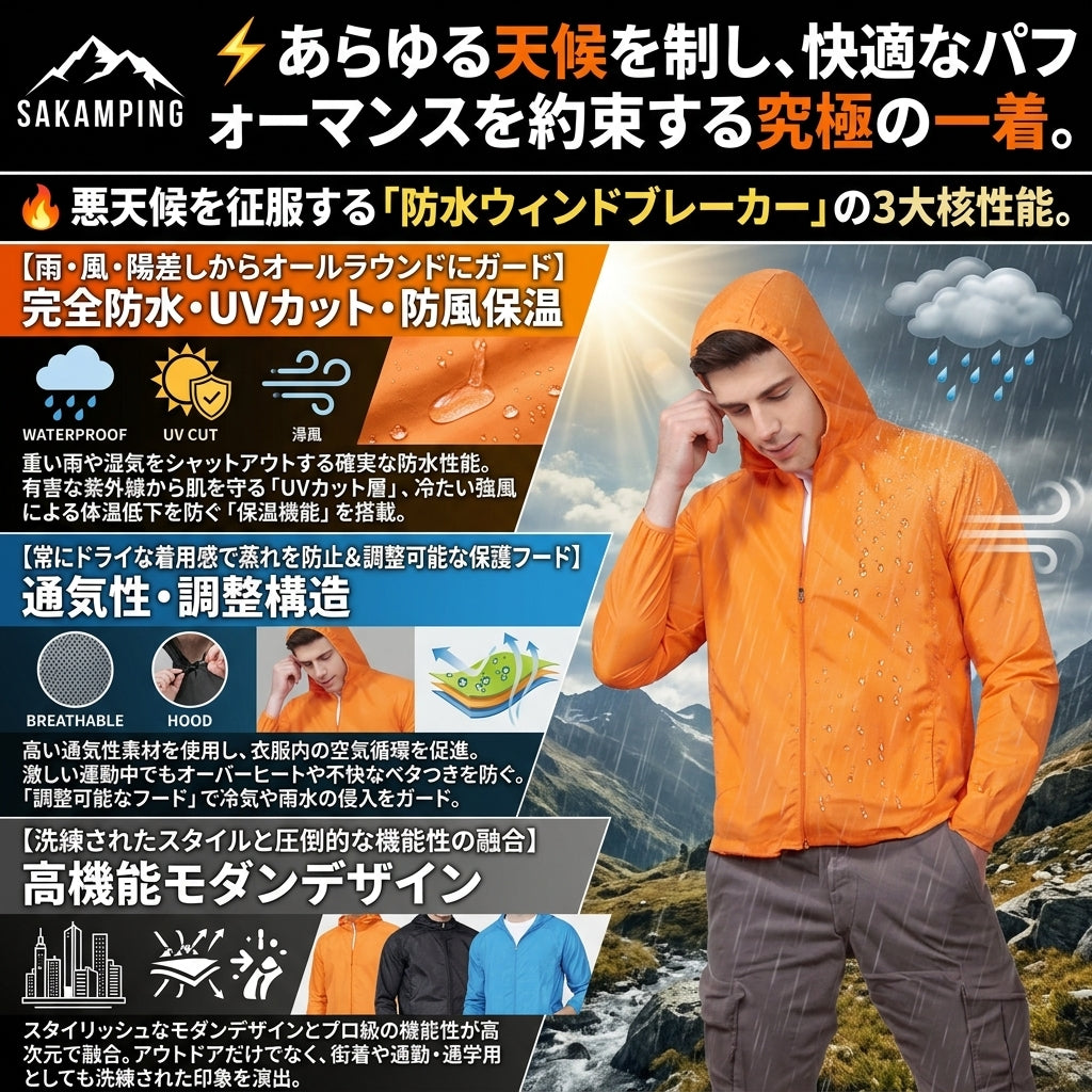 【強風とゲリラ豪雨を完全シャットアウト・強烈な紫外線UVから肌を守り蒸れ知らずの高透湿】Sakamping メンズ ウォータープルーフ ウィンドブレイカー (完全防水防風ジャケット) | 完全防水・UVカット・高透湿・調整可能フード | 釣り・登山・キャンプ・防風街着 | 1年保証付
