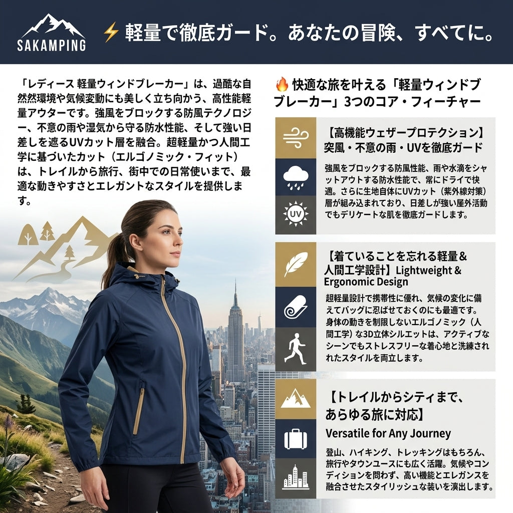 【紫外線と雨風から美しく身体を守る・羽のように軽い着心地と街でも映える洗練シルエット】Sakamping ウィメンズ ライトウェイト ウィンドブレイカー (レディース 軽量ウインドブレーカー) | 完全防水・UVカット・超軽量・高透湿・美シルエット | 釣り・夏キャンプ・登山・ランニング・防風街着 | 1年保証付