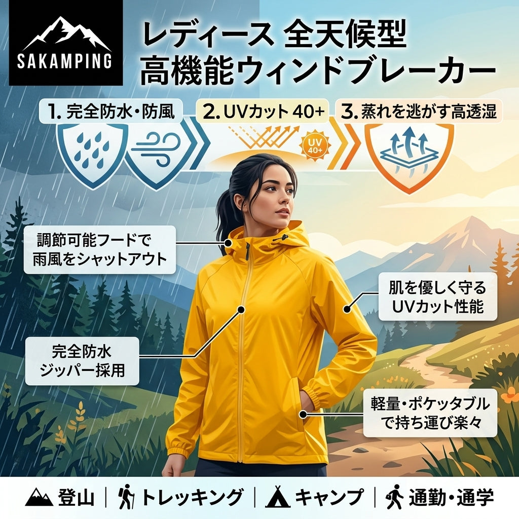 【急な雨や強い紫外線を完全ブロック・羽織っていることを忘れる軽量性と洗練シルエットで全天候カバー】Sakamping ウィメンズ ウォータープルーフ ウィンドブレイカー (レディース 軽量完全防水UVカットマウンテンパーカー) | 耐水圧15,000mm・UVカット UPF40+・高透湿・ドローコード調整フード・パッカブル仕様・超軽量 | 釣り・湖畔キャンプ・登山・ランニング・通勤・旅行 | 1年保証付