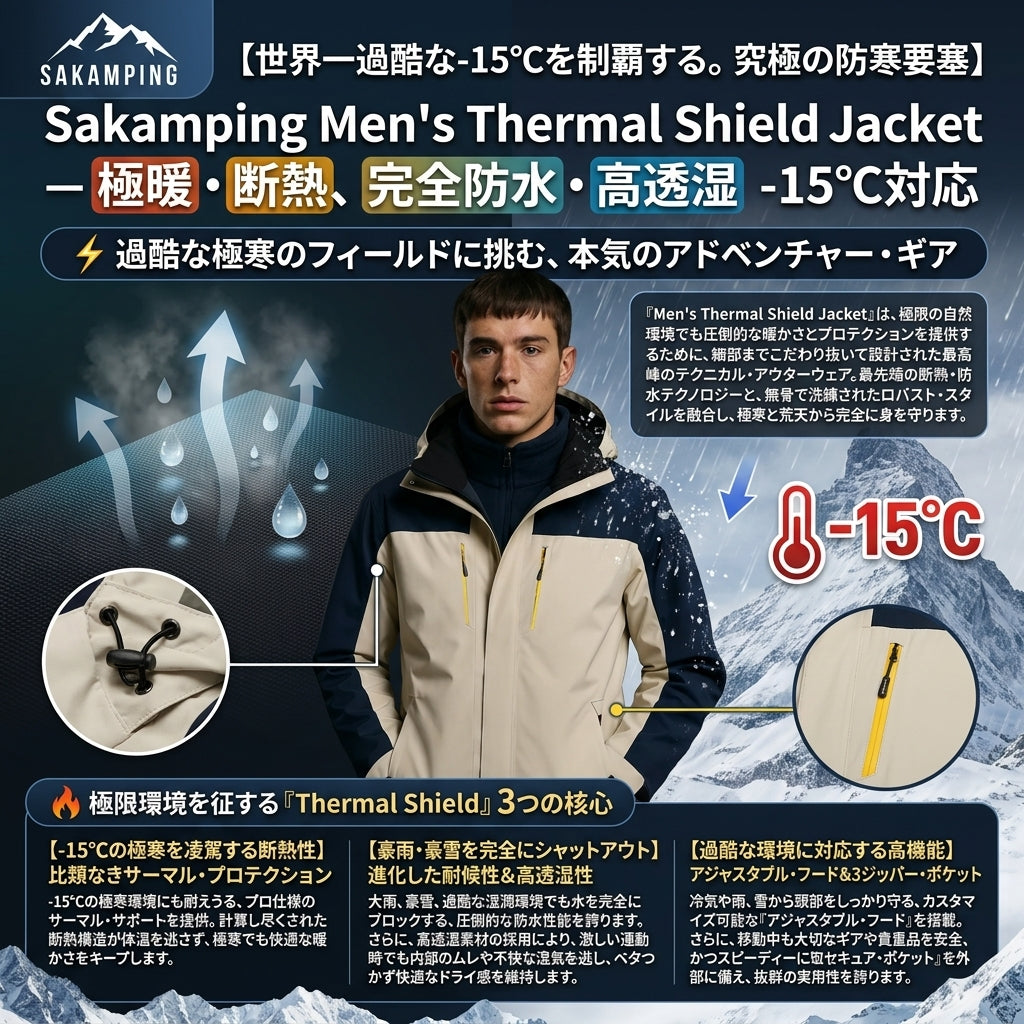 【-15℃の極寒世界でも圧倒的に暖かい・雨や雪を完全遮断する防水性能と蒸れ知らずの高透湿】Sakamping メンズ サーマルシールド ジャケット (高機能防寒防水ジャケット) | 完全防水・高透湿・-15℃対応保温断熱 | 冬の釣り・極寒キャンプ・雪山アクティビティ | 1年保証付