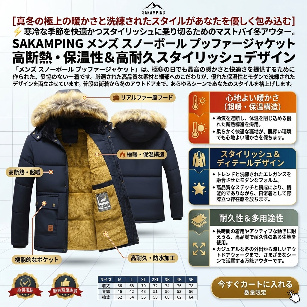 【雪の日の極寒もふんわり包み込む圧倒的暖かさ・雪風を遮り街でも映える洗練スタイリッシュ】Sakamping メンズ スノーボール パファー ジャケット (防寒中綿ジャケット / 軽量ダウン風コート) | 極暖保温・防風撥水・極上クッション・軽量設計 | 冬の釣り・雪山キャンプ・防寒街着 | 1年保証付