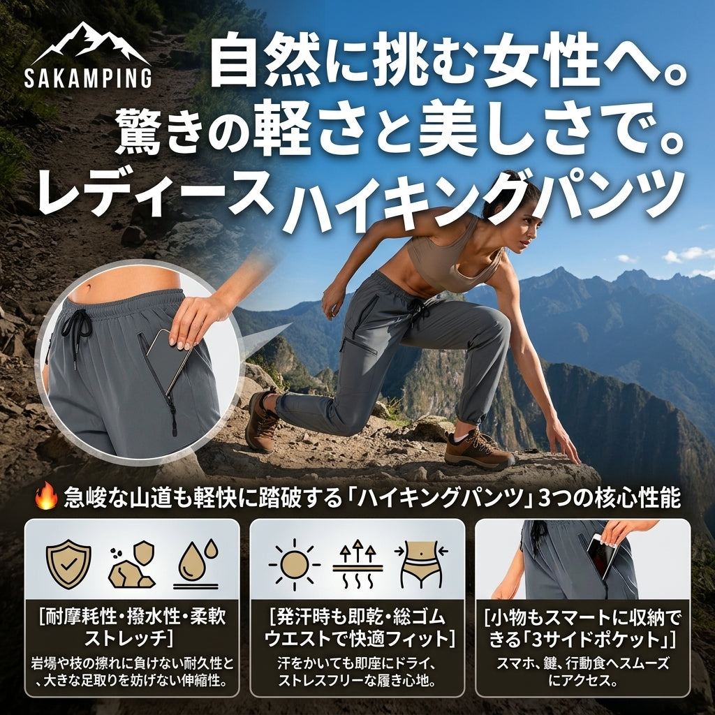 【水滴を弾く圧倒的撥水力と蒸れ知らずの高透湿・険しいトレイルでも傷つかない高耐久トレッキングシェル】Sakamping ウィメンズ ハイキング パンツ (レディース 完全防水防風ストレッチトレッキングパンツ) | 撥水加工・高透湿・高耐久リップストップ・4WAYストレッチ・美シルエット・立体裁断 | 釣り・夏キャンプ・本格登山・ハイキング・ロングトレイル | 1年保証付