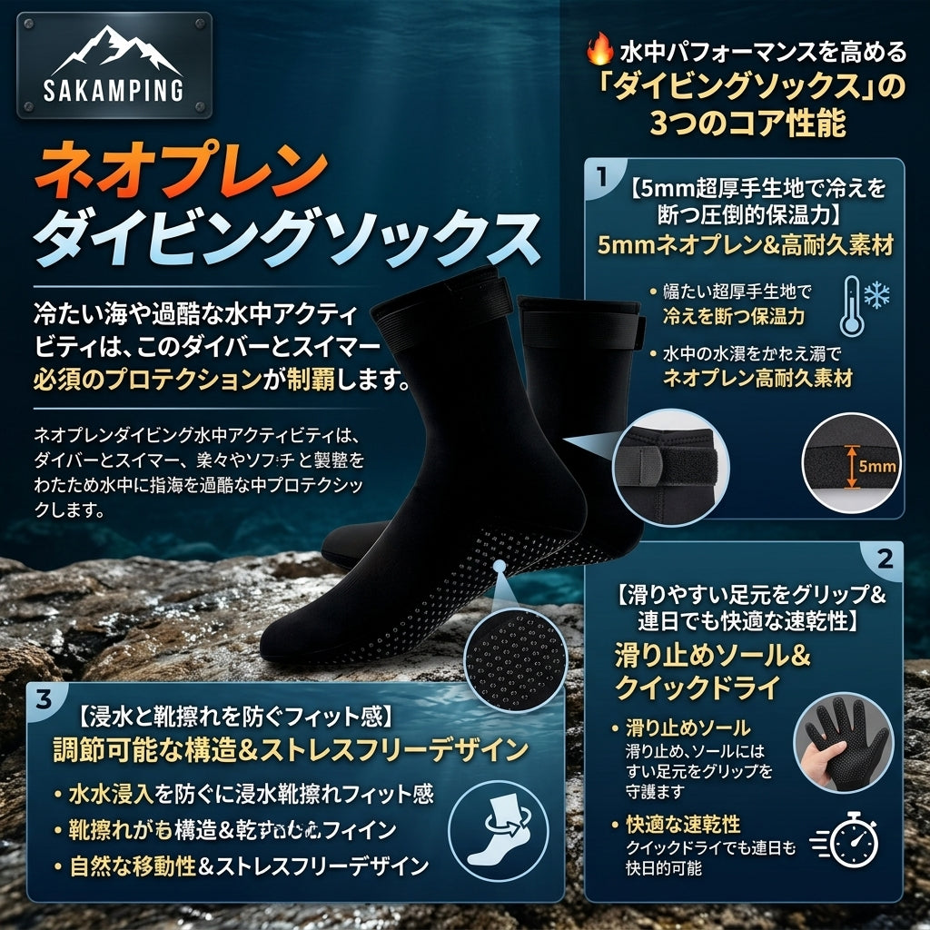 【5mm極厚ネオプレンが体温を逃さず水中の冷気を完全遮断・滑り止めソールで岩場や船上も安全走破】Sakamping ネオプレン ダイビング ソックス (5mm マリンソックス / サーマルウォーターソックス) | 5mm極厚保温・速乾・強力滑り止めソール・耐摩耗 | ダイビング・サーフィン・渓流釣り・磯釣り・沢登り | 1年保証付