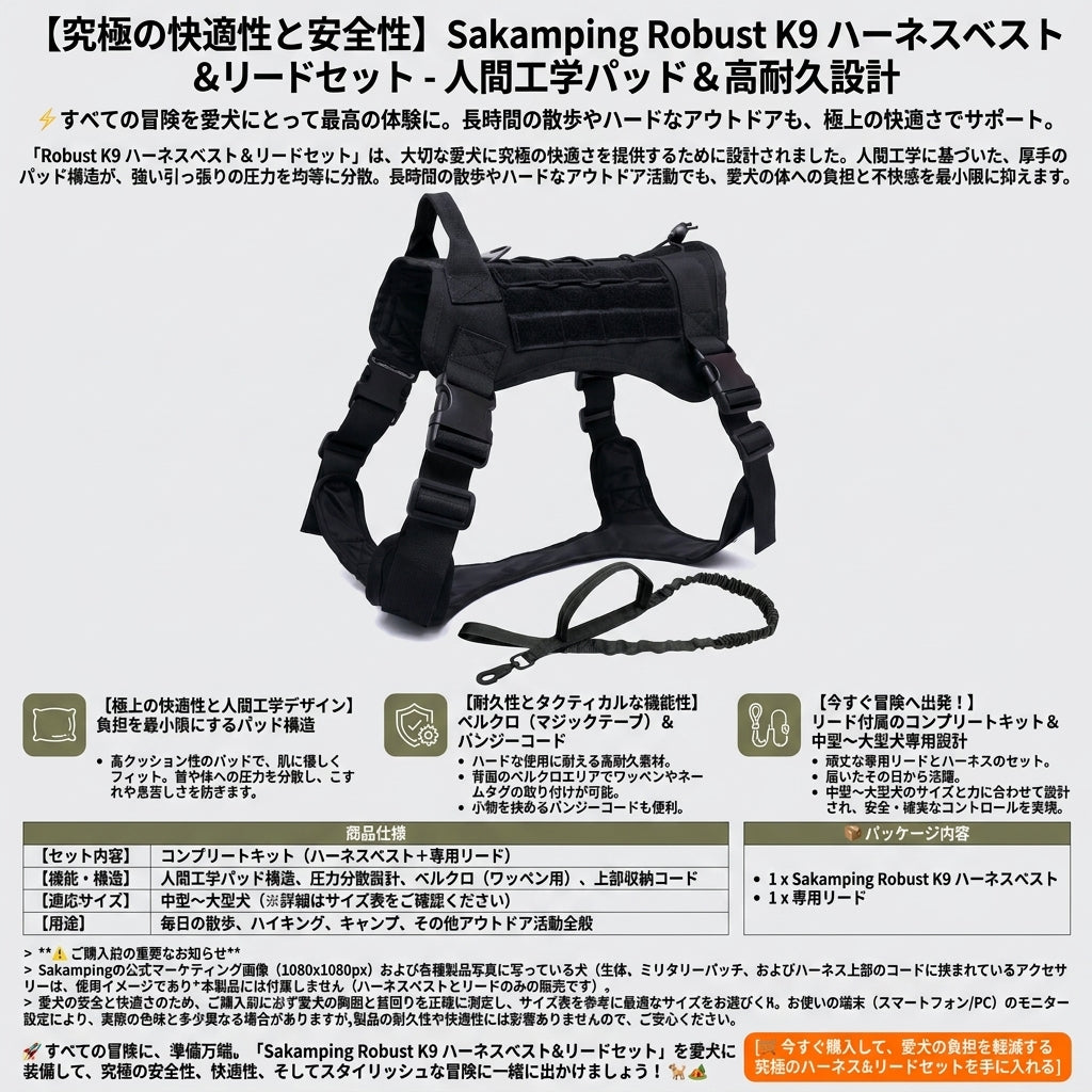 【中・大型犬の強い引きも確実制御・極厚パッドで愛犬の体を優しく守る】Sakamping K9 犬用 タクティカルハーネス リードセット | 高耐久・クッション構造・抜け出し防止 | キャンプ・アウトドア・毎日の散歩 | 1年保証付