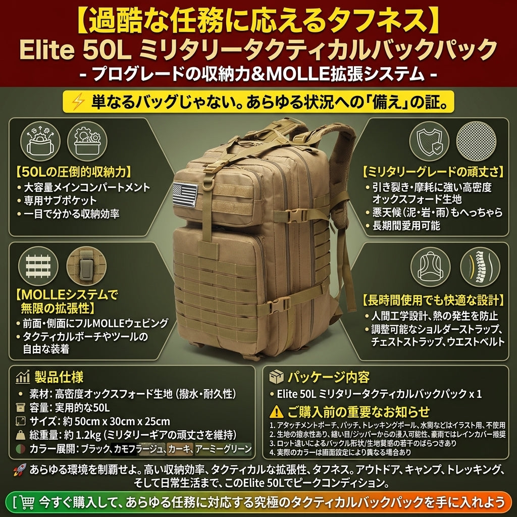 【圧倒的なタフネスと機能美・軍用レベルの収納力】Elite 50L タクティカル バックパック | モールシステム対応・高耐久・撥水 | サバゲー・本格登山・防災用 | 1年保証付