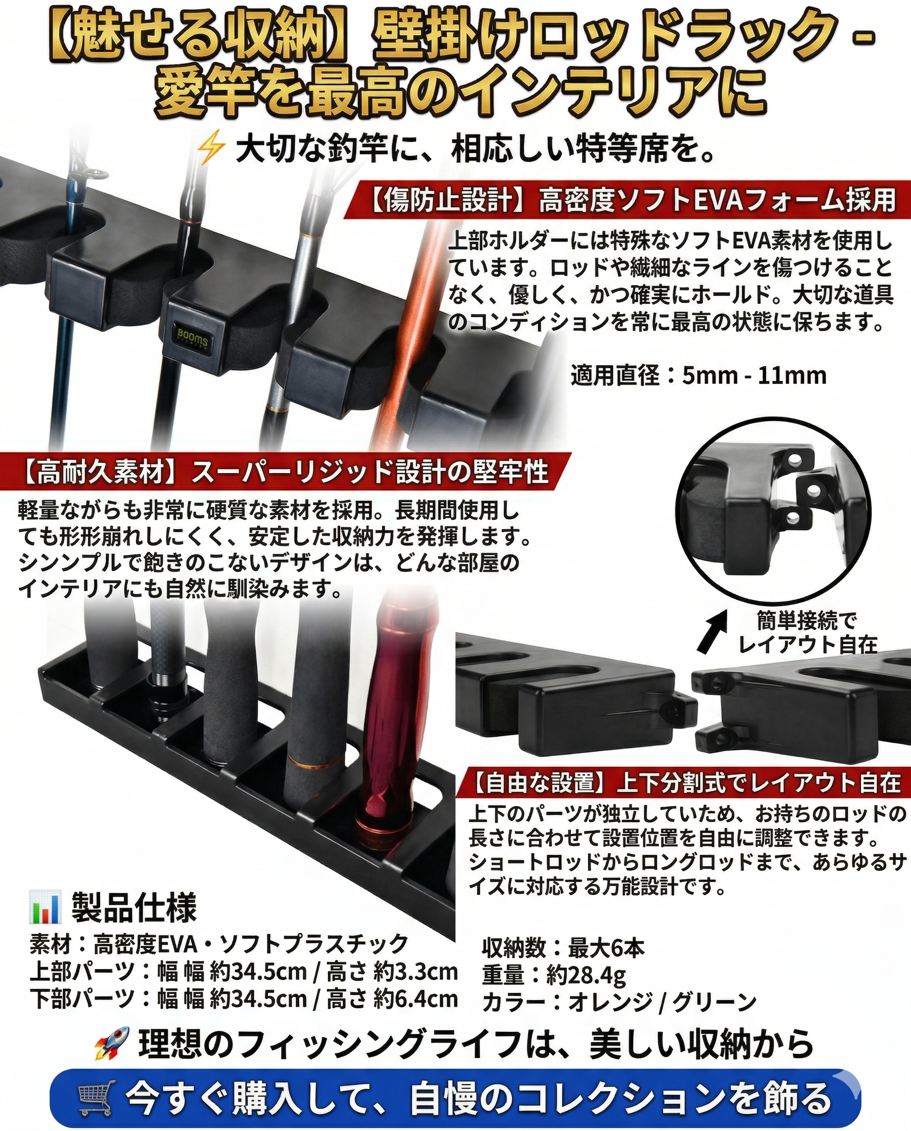 【プロ仕様】スペースを有効活用！Sakamping 壁掛けロッドスタンド | 最大6本収納・高弾性EVA保護クッション | 大切な釣竿を美しくディスプレイ・縦横両用 | 高耐久ABS素材・簡単取り付け | 安心の1年保証付