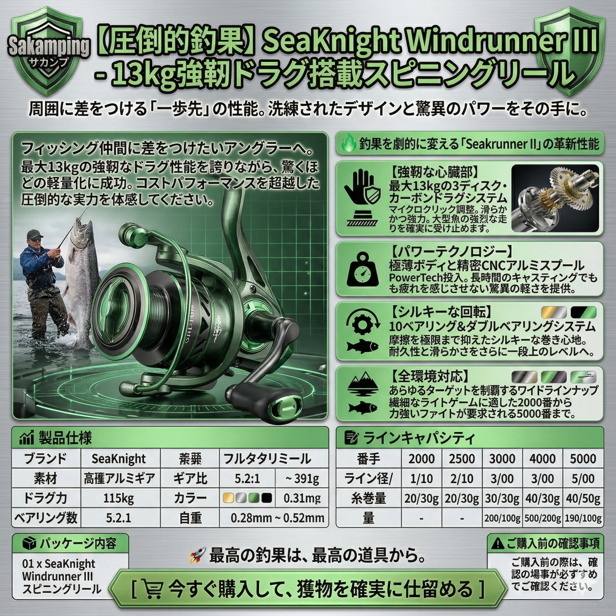 【2026年最新プロモデル】シルクのような滑らかさ。Sakamping Seaknight Windrunner III | 高性能カーボンドラグ・超軽量スピニングリール | 海水・淡水両用・圧倒的な耐久性と巻上力 | プロ仕様の操作感 | 1年保証付