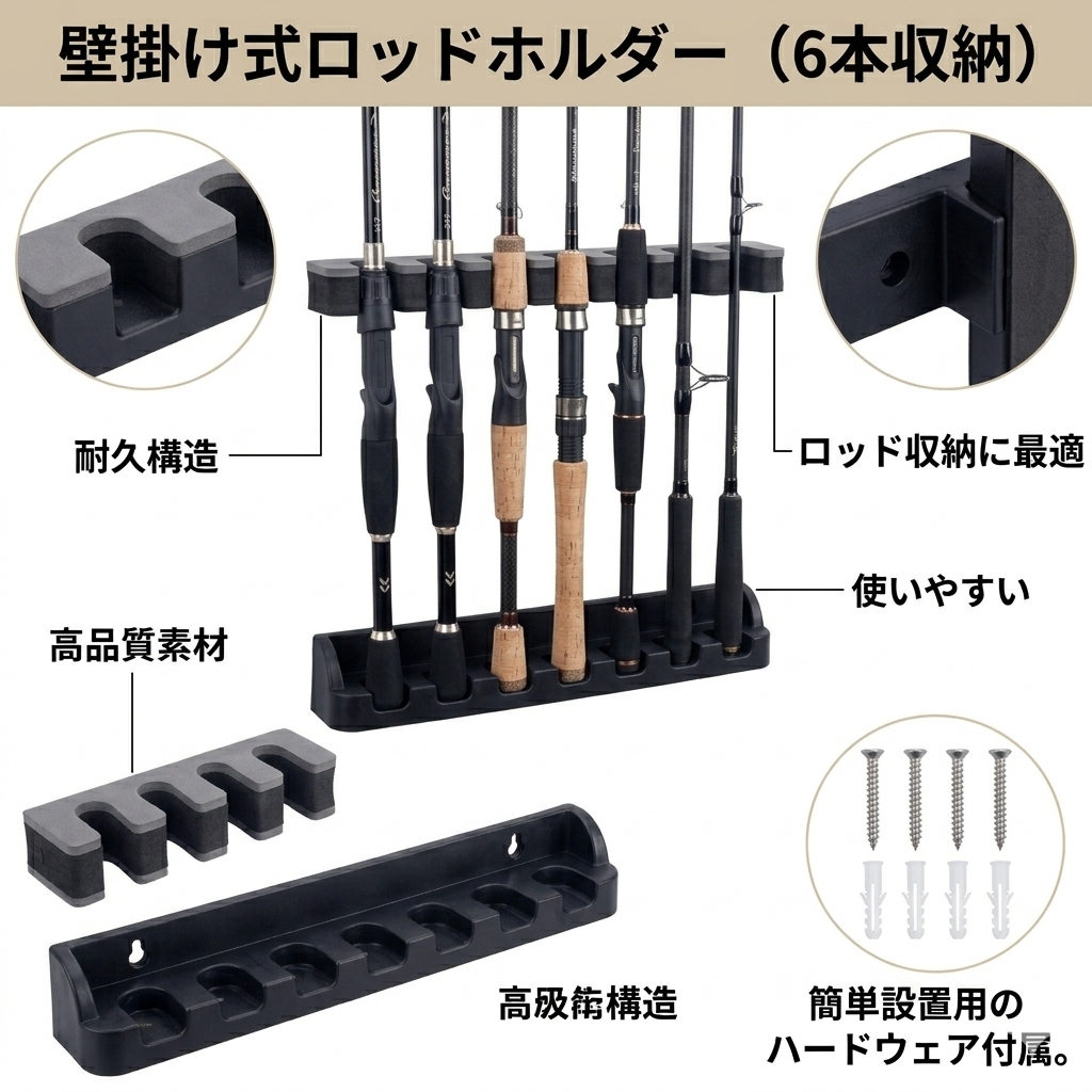 【プロ仕様】スペースを有効活用！Sakamping 壁掛けロッドスタンド | 最大6本収納・高弾性EVA保護クッション | 大切な釣竿を美しくディスプレイ・縦横両用 | 高耐久ABS素材・簡単取り付け | 安心の1年保証付