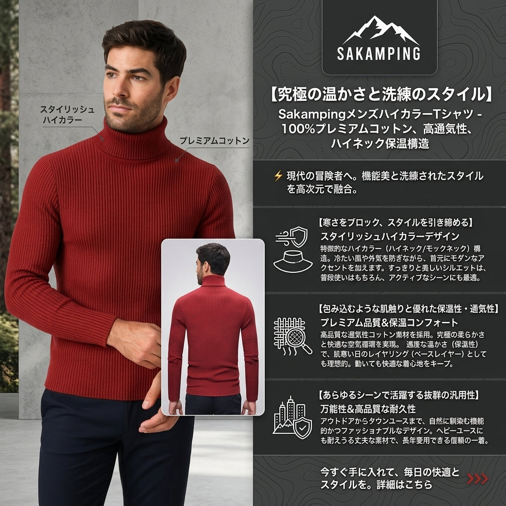 【首元からの冷気を完全に遮断しスマートに魅せる・極上の肌触りとぬくもりを誇る上質サーマルコットン】Sakamping メンズ ハイネック Tシャツ (長袖 インナー) | 保温・高通気・着回し万能・高伸縮 | デイリーユース・冬キャンプ・レイヤリング | 1年保証付