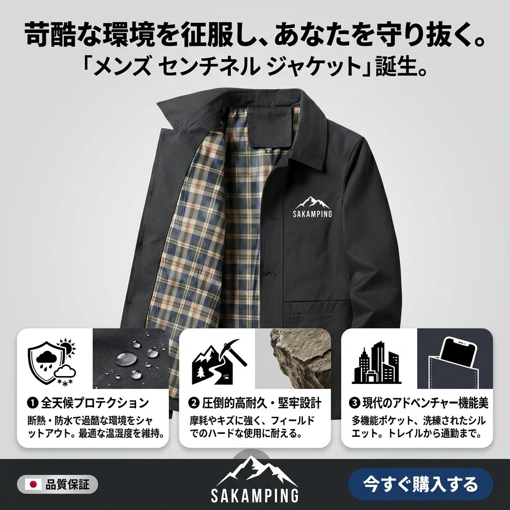 【どんな過酷な天候下でも身体を守り抜く圧倒的堅牢性と防水性・洗練されたモダンシルエットが映える全天候型ジャケット】Sakamping メンズ センチネル ジャケット (高耐久完全防水防寒マウンテンパーカ) | 耐水圧20,000mm・高耐久タクティカルシェル・極暖軽量中綿・完全防水シームテープ・高透湿・Wファスナー | 冬山登山・冬釣り・極寒キャンプ・タウンユース・通勤 | 1年保証付