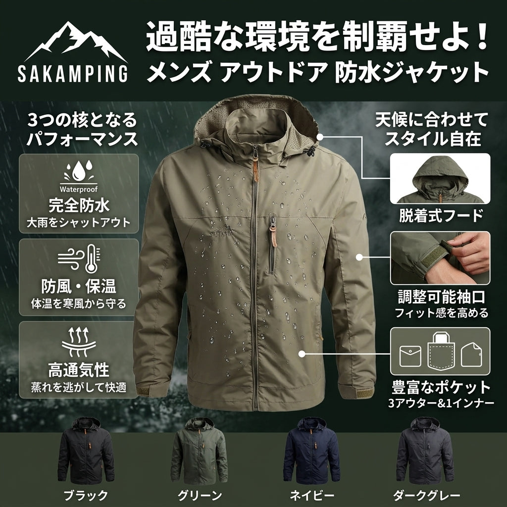 【暴風雨を完全遮断する本格耐水圧・激しいアクティビティでも蒸れ知らずの高透湿シェル】Sakamping メンズ アウトドア ウォータープルーフ ジャケット (完全防水防風マウンテンパーカー) | 耐水圧20,000mm・高透湿・止水ファスナー・立体裁断・調整可能フード | 釣り・本格登山・夏キャンプ・防寒街着 | 1年保証付