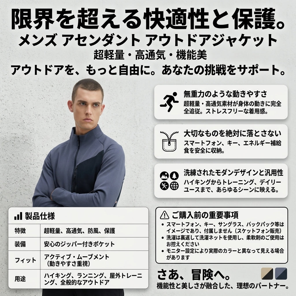 【サッと羽織れて蒸れない・計算された収納力と機動力】Sakamping メンズ 超軽量 アウトドアジャケット | 高通気・ジップポケット搭載・ストレッチ | キャンプ・ランニング・自転車通勤 | 1年保証付