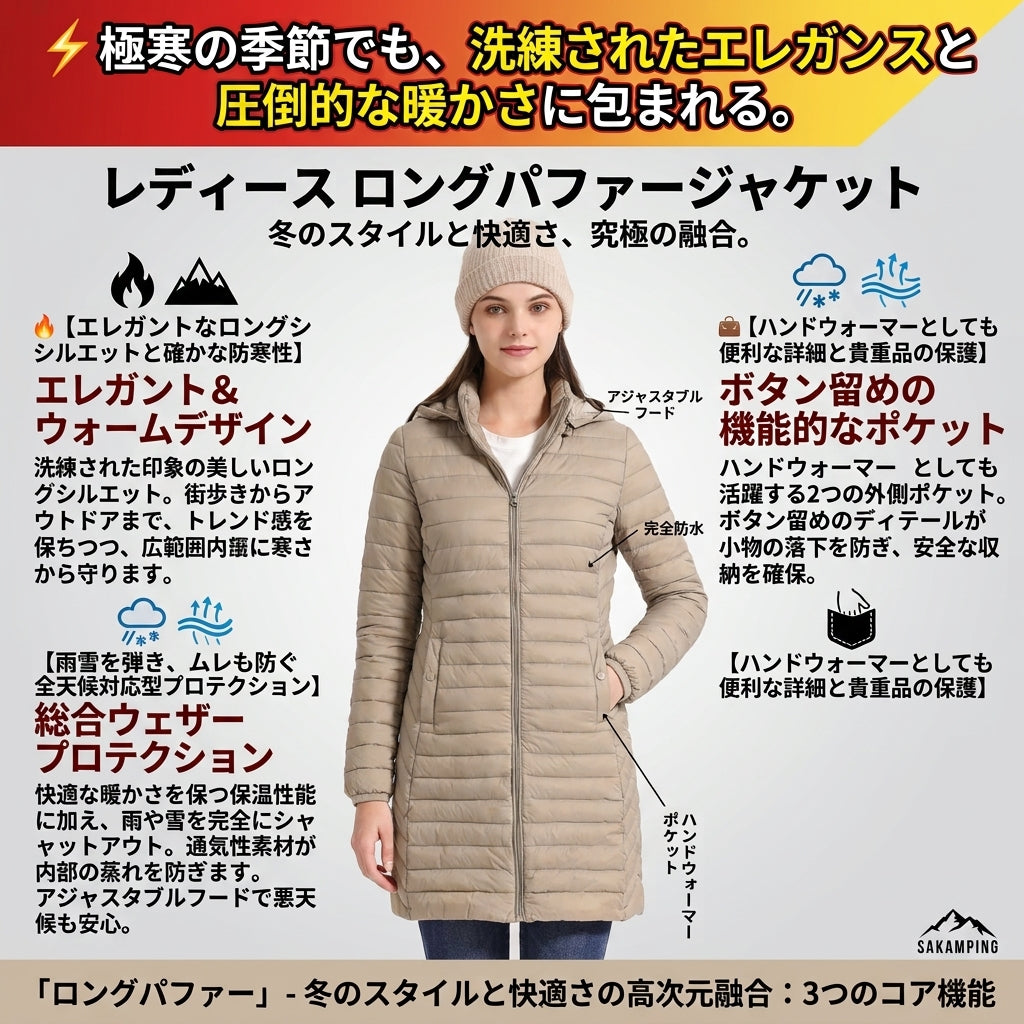 【膝下まで包み込む極上の暖かさと洗練シルエット・雨や雪を完全遮断し冬の街もアウトドアも美しく彩る】Sakamping ウィメンズ ロング パファー ジャケット (レディース ロングダウンコート) | 完全防水・高機能保温・美シルエット・調整可能フード | 冬のキャンプ・極寒釣り・防寒街着・エレガント | 1年保証付