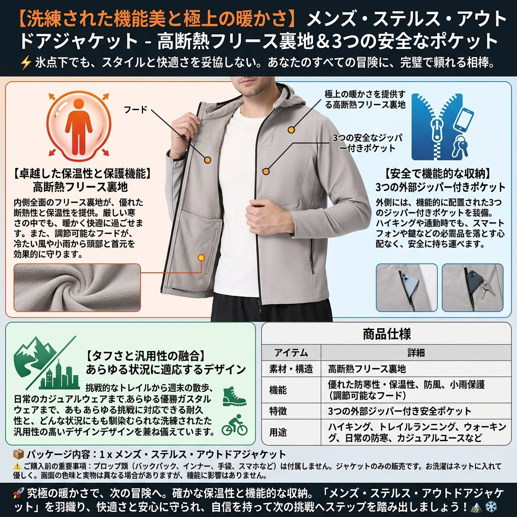 【着膨れしないスマートなシルエット・裏フリースで驚異の保温力】Sakamping メンズ 裏起毛 アウトドアジャケット | 防風保温・フード調節・ジップポケット搭載 | 冬キャンプ・夜釣り・タウンユース | 1年保証付