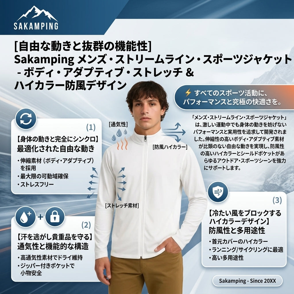 【激しい動きに完璧に追従・不快な汗を逃がして貴重品を死守する極上のストレッチ設計】Sakamping メンズ ストリームライン スポーツジャケット | 高伸縮ストレッチ・高通気・ジップポケット | ランニング・釣り・アウトドア | 1年保証付